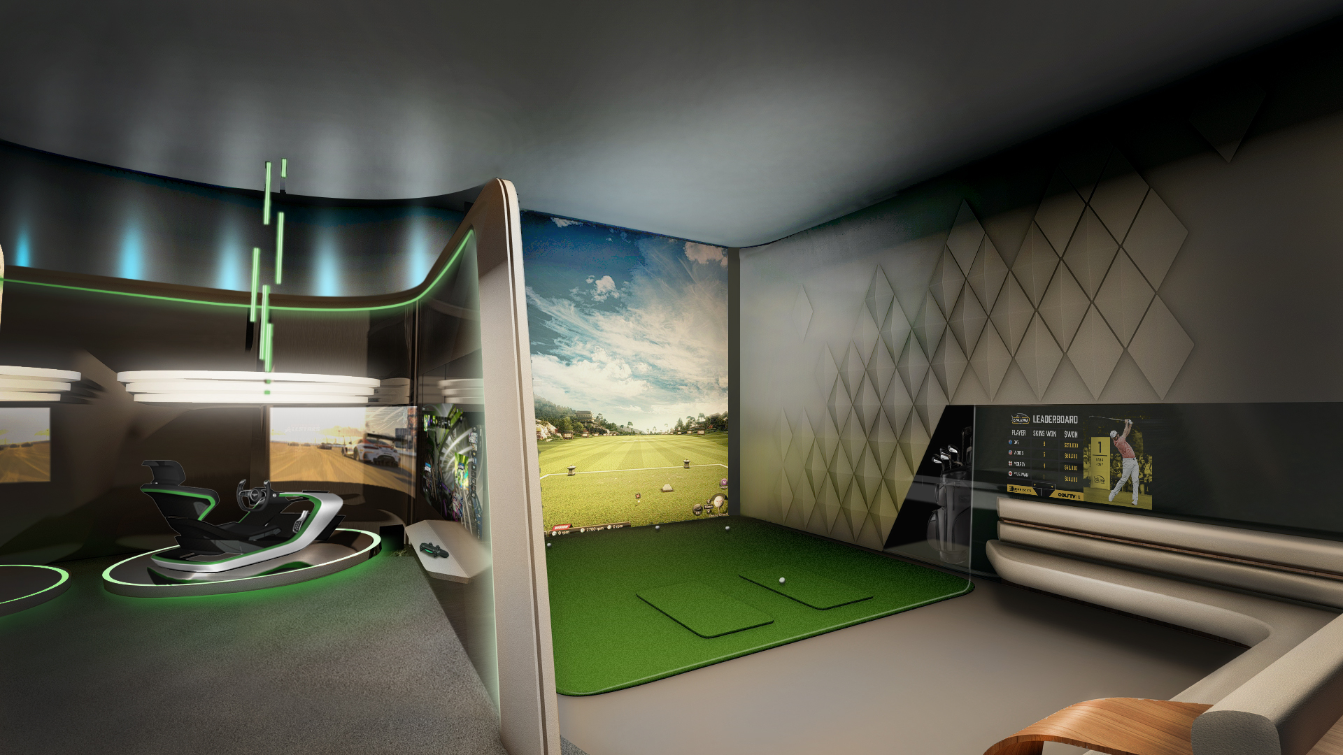 Bentley Residences Sunny Isles Beach game room with racing and golf simulators