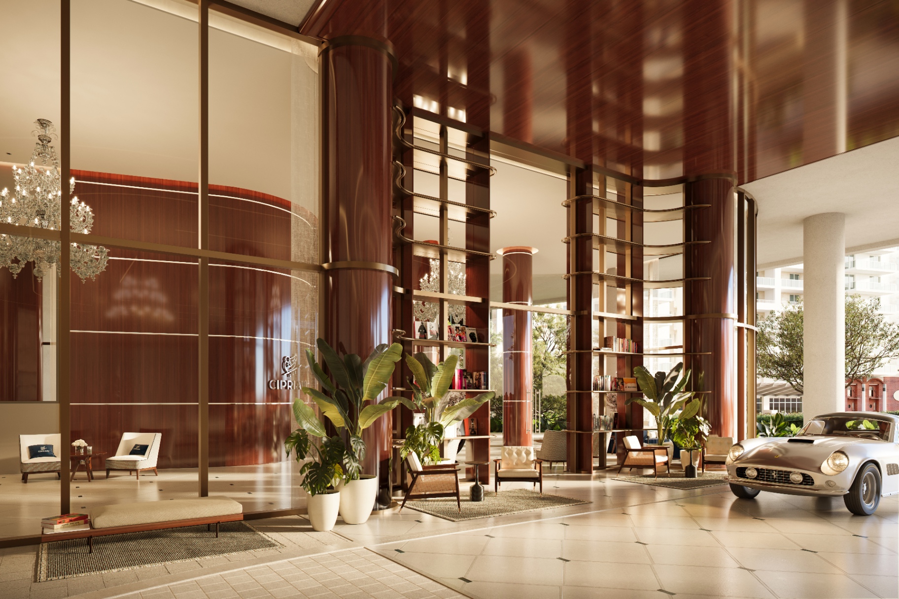 Cipriani Residences Miami Brickell lobby with mahogany paneling, vintage Ferrari and Murano chandelier