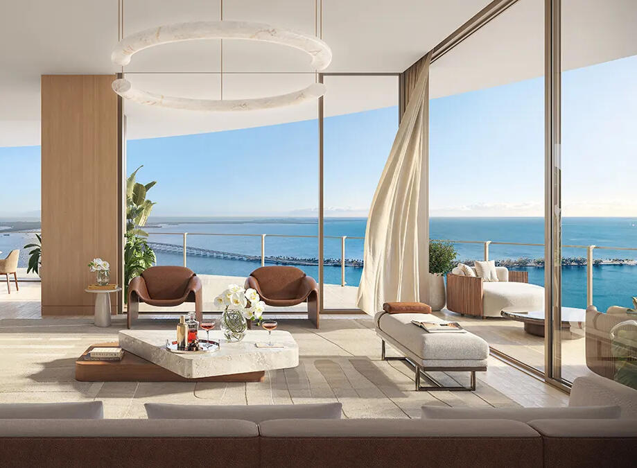 619 Brickell residence living room with Biscayne Bay views