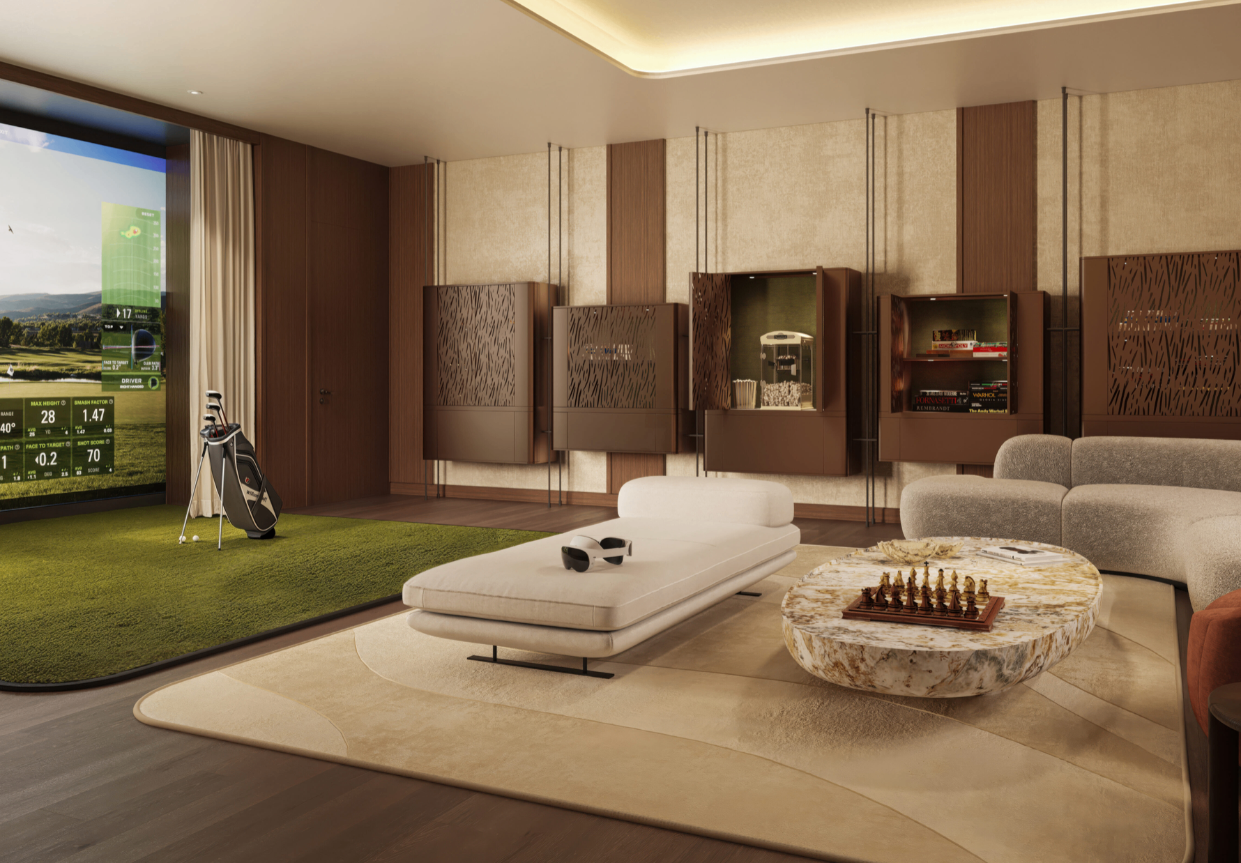 Indoor golf simulation lounge at The Residences at Mandarin Oriental, Miami