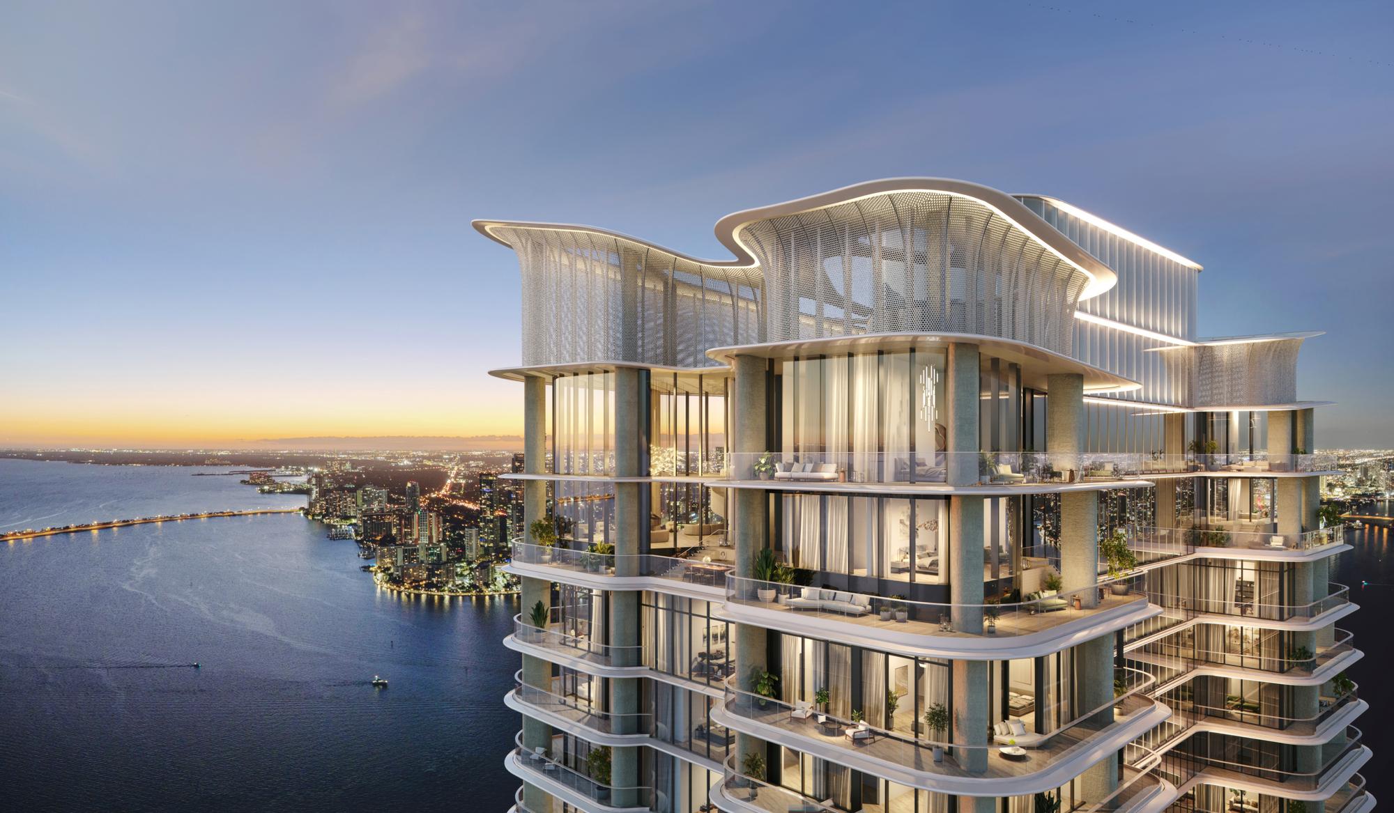 Penthouse crown of The Residences at Mandarin Oriental, Miami at dusk over Biscayne Bay