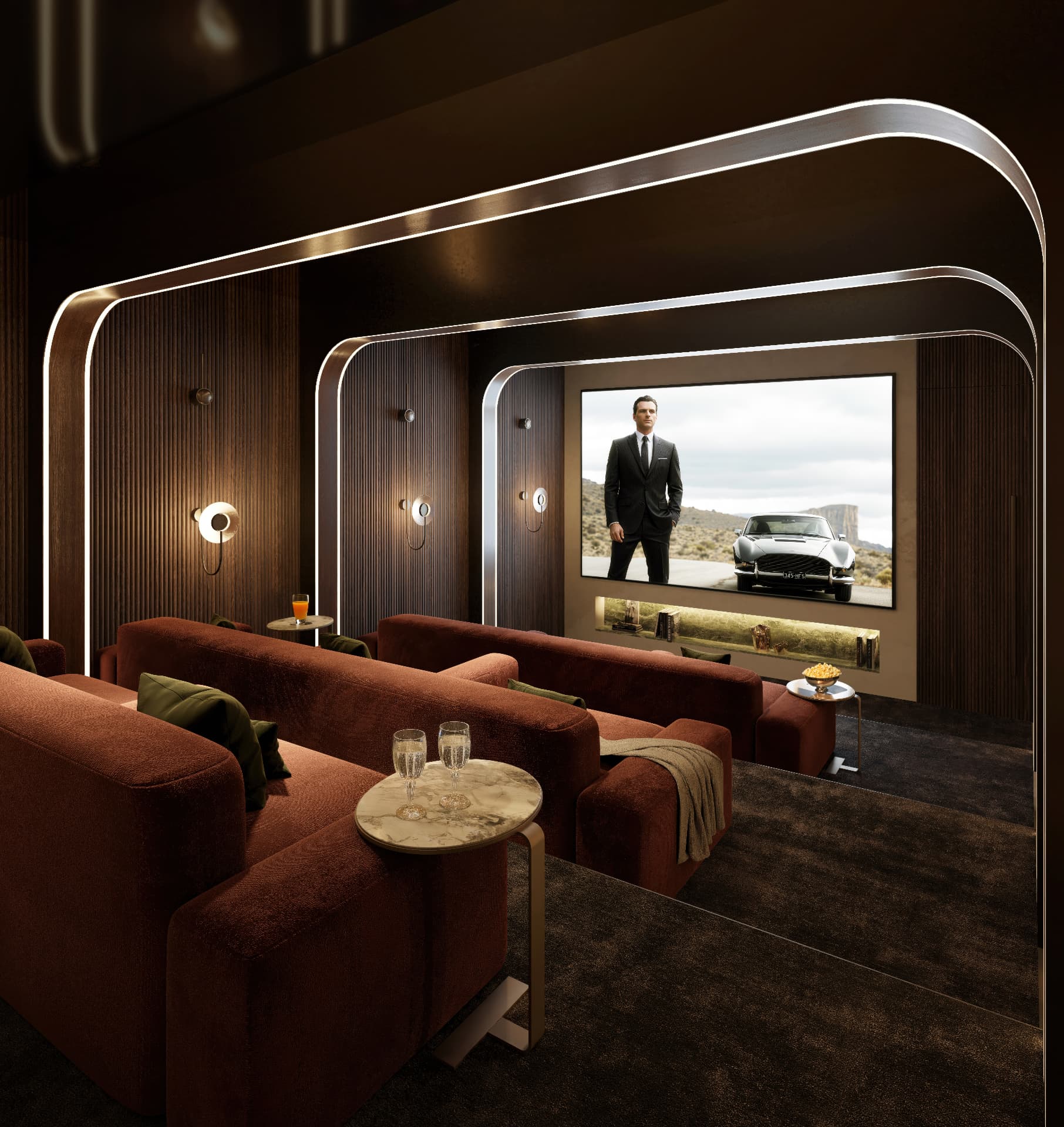 Private residents' cinema room with velvet seating in a London branded residence