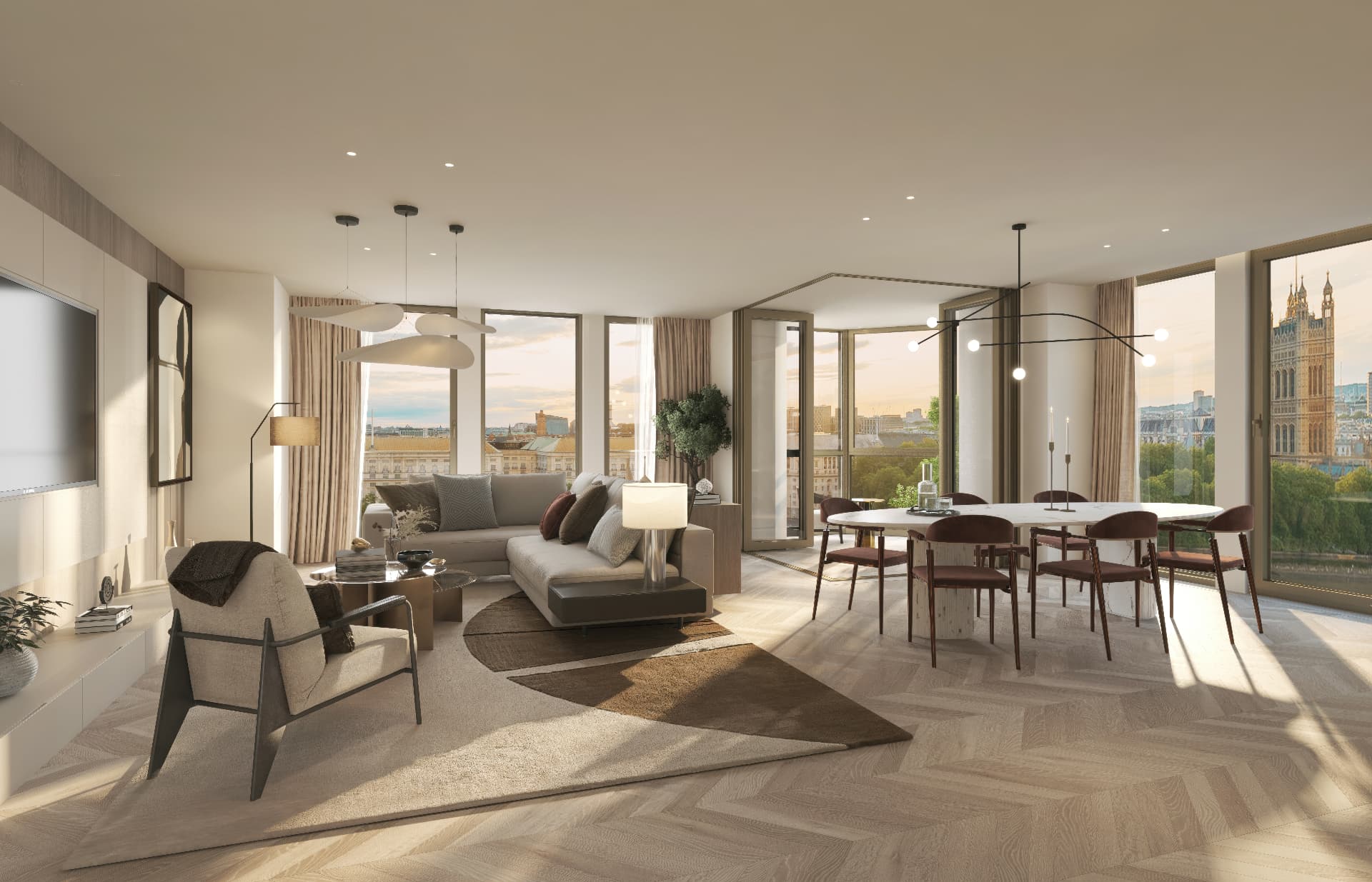 Living and dining room with Westminster views in a London riverside residence