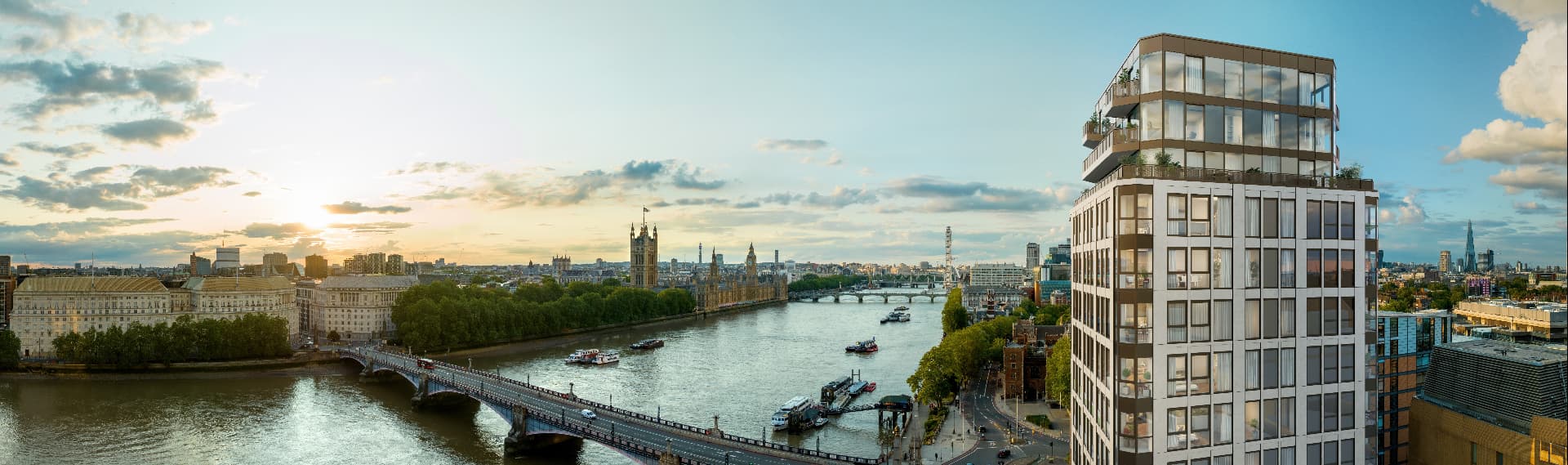 Sunset panorama of the Albert Embankment, Lambeth Bridge and Westminster beside the tower