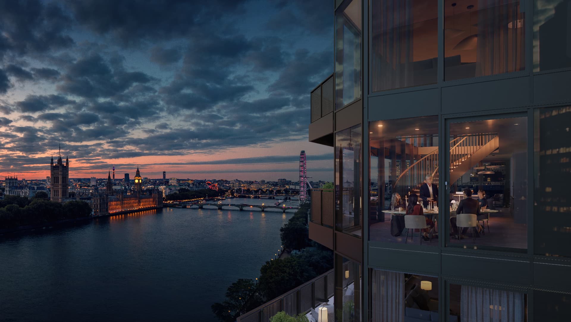 Evening view of the Thames, Westminster and the London Eye from a riverside branded residence