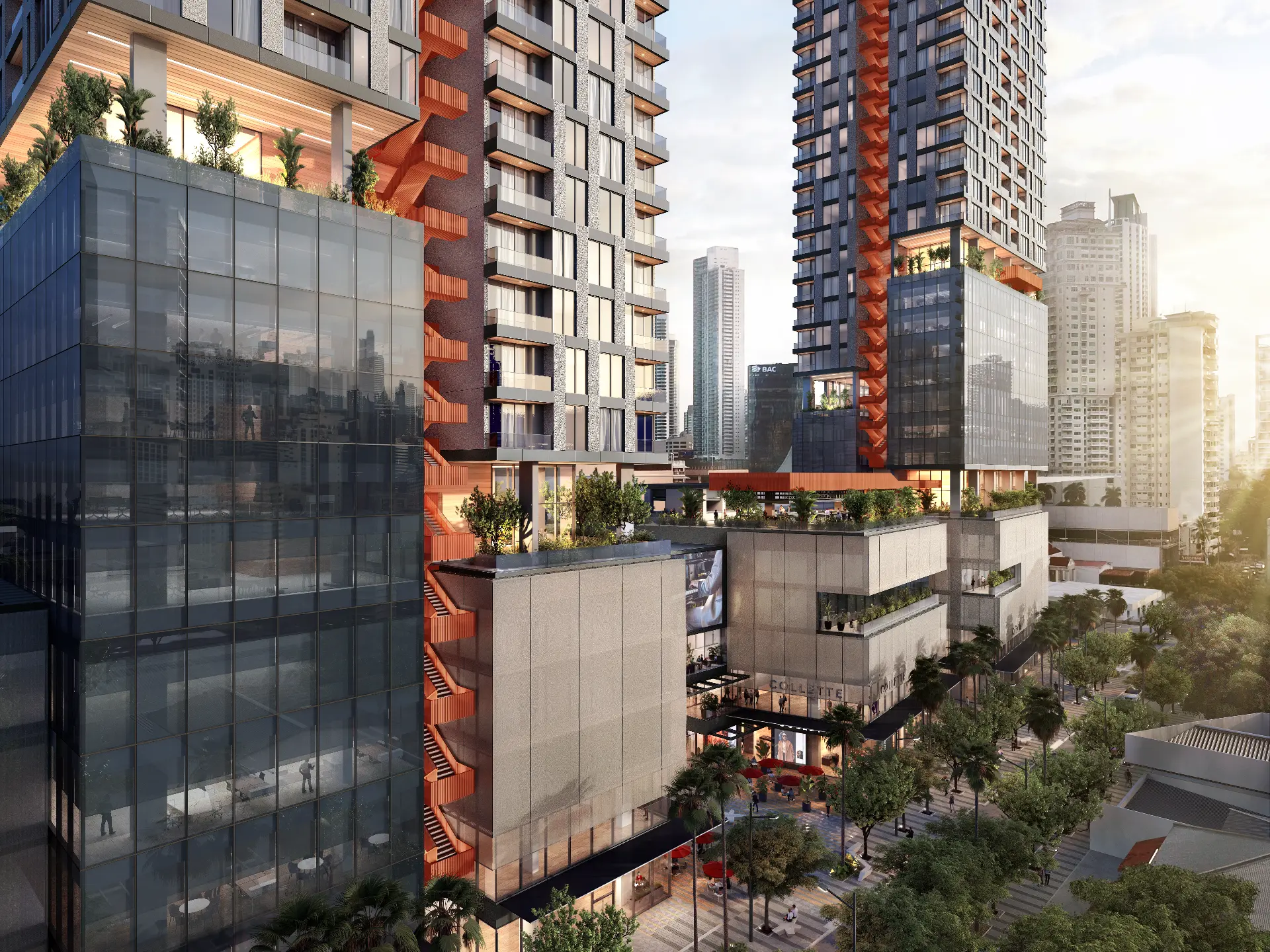 Mixed-use branded residence towers rising above a retail podium in Panama City