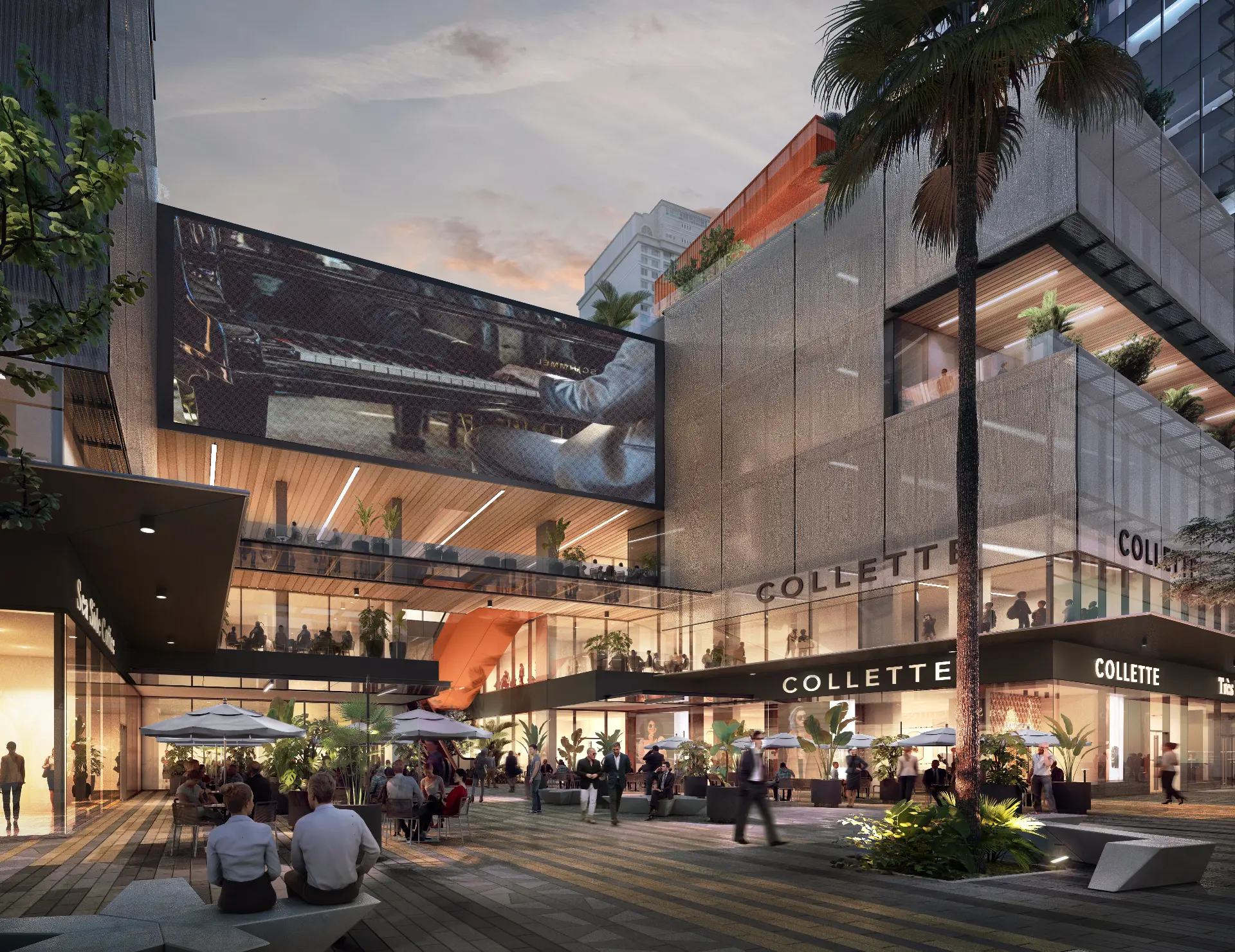 Street-level retail plaza and dining terraces at a Panama City branded residence development
