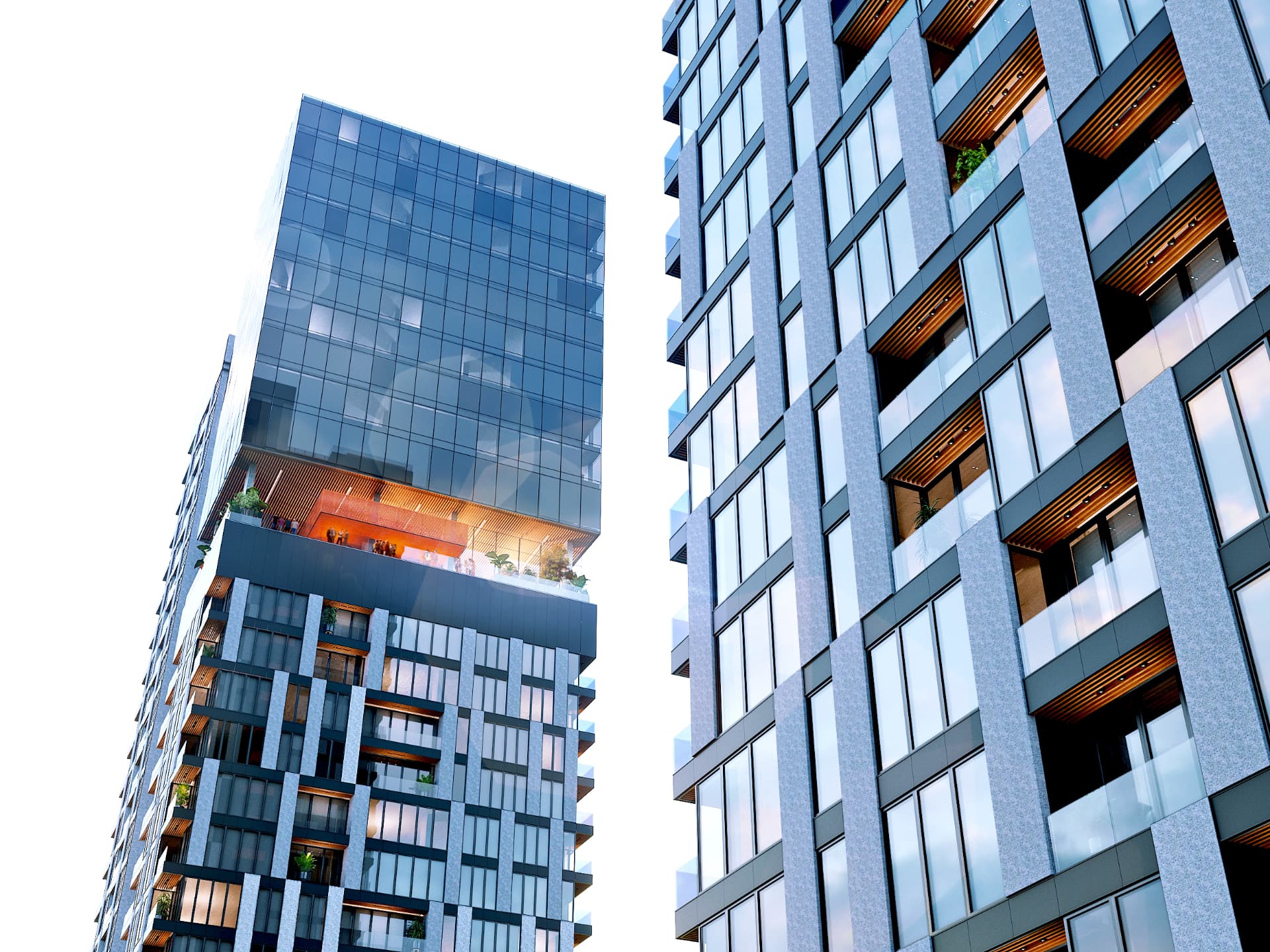 Upward view of two Panama City residential towers with glass amenity crown