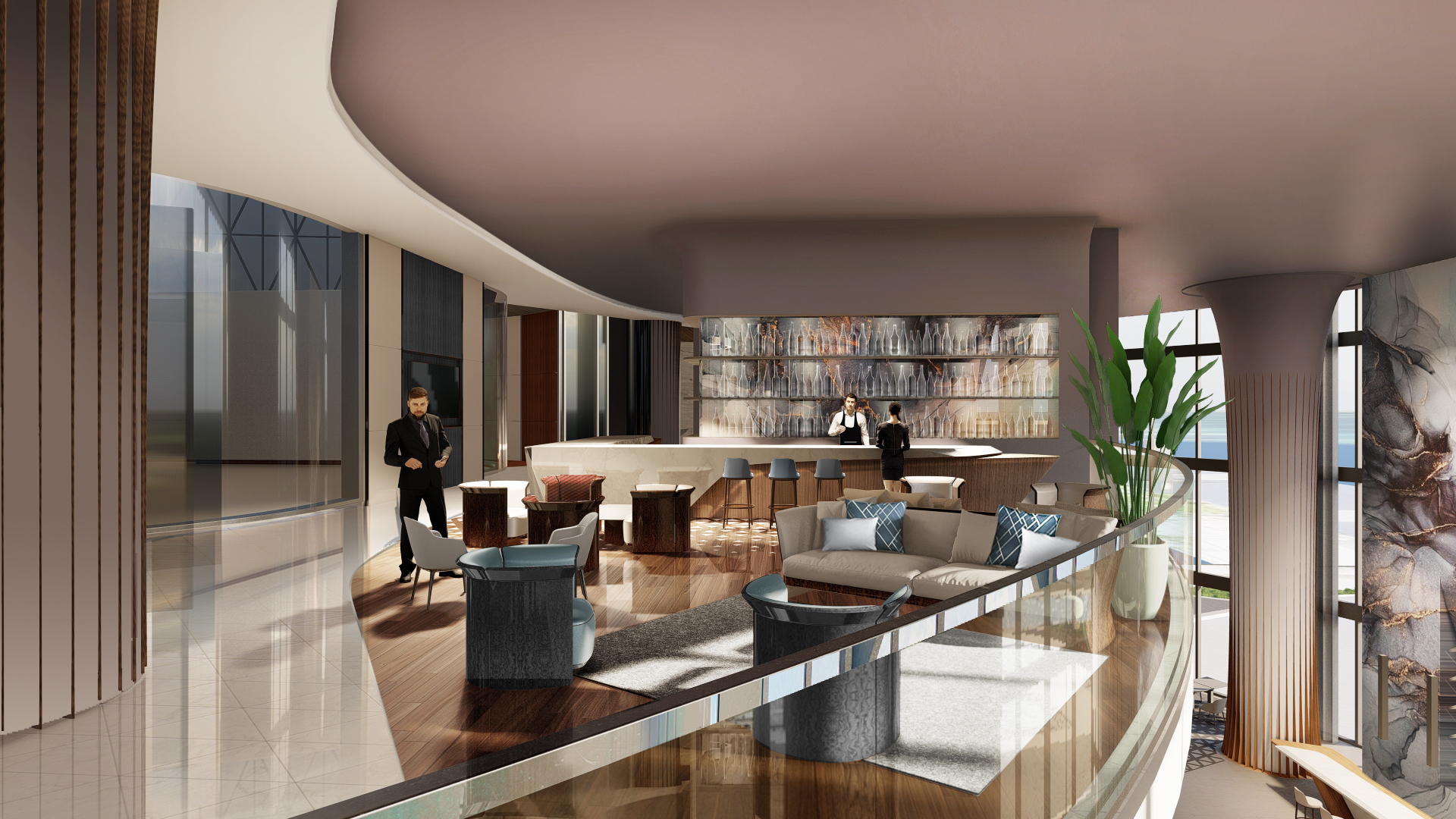 Bentley Residences Sunny Isles Beach upper lounge with bar and ocean views