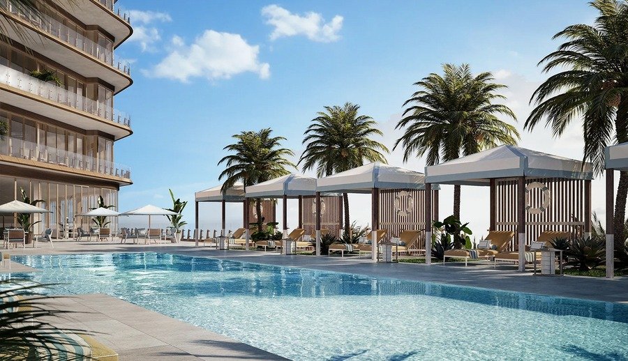 Four Seasons Coconut Grove pool deck with cabanas and palm trees