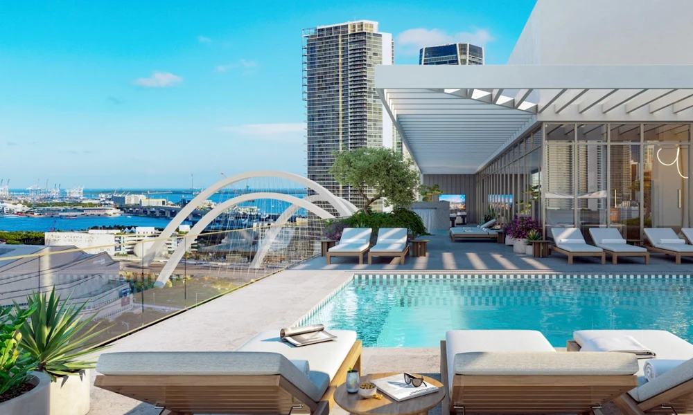 LOFTY Brickell rooftop pool deck overlooking the Miami River