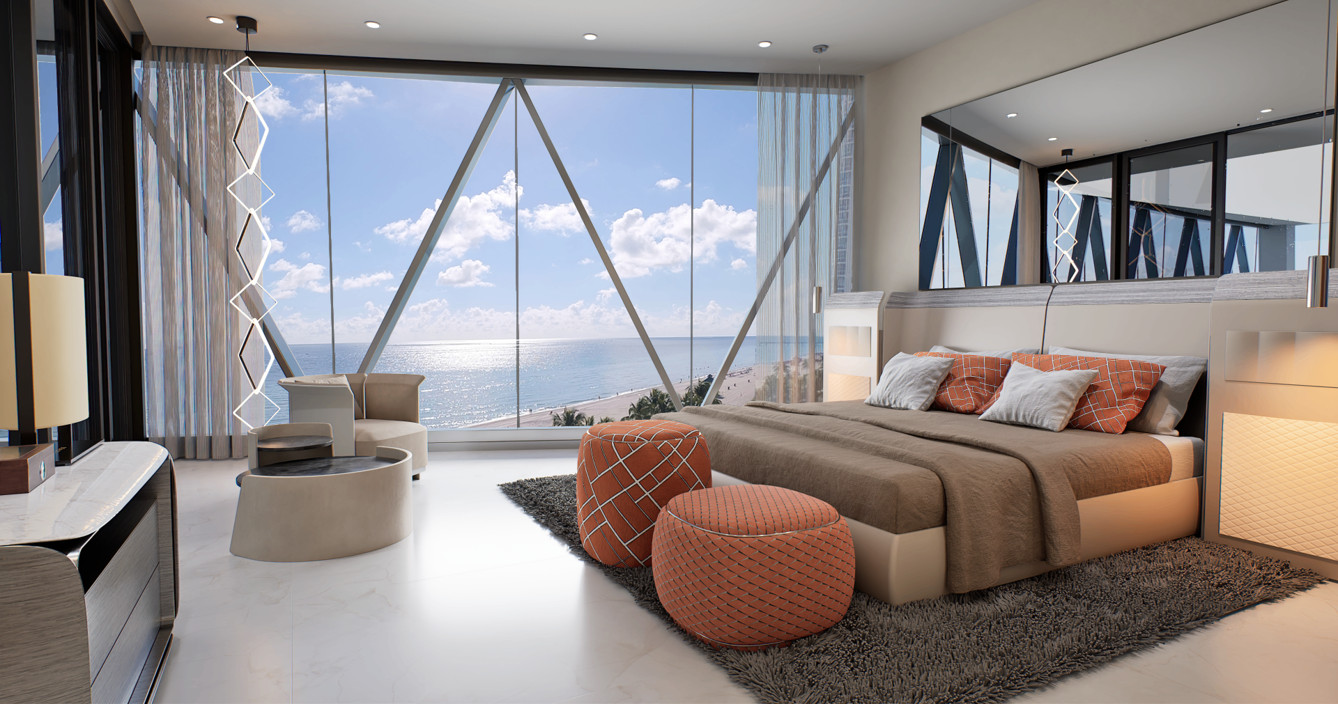 Primary bedroom inside a Bentley Residences Miami unit with floor-to-ceiling ocean views