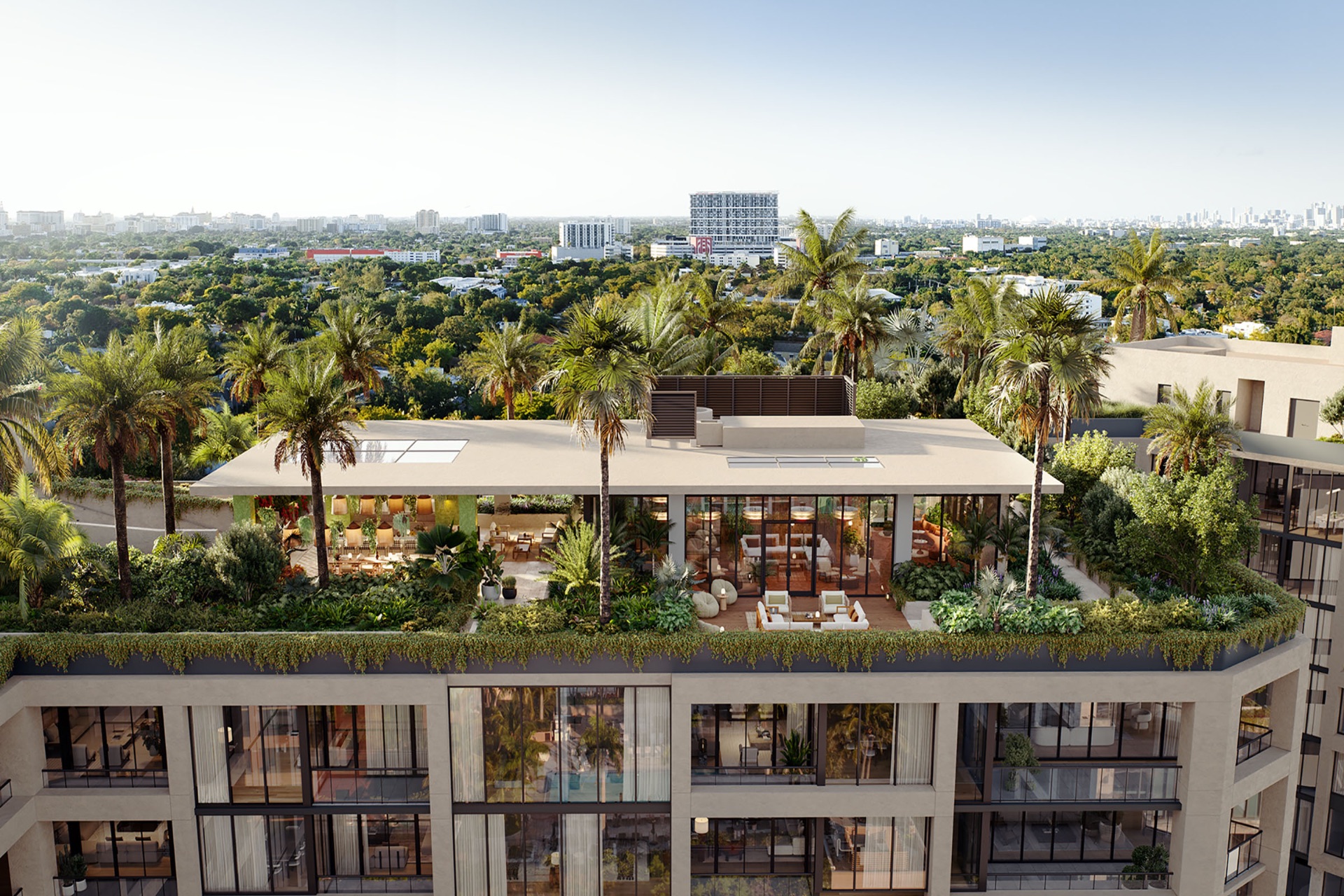 Aerial view of THE WELL Coconut Grove rooftop wellness oasis and lounge