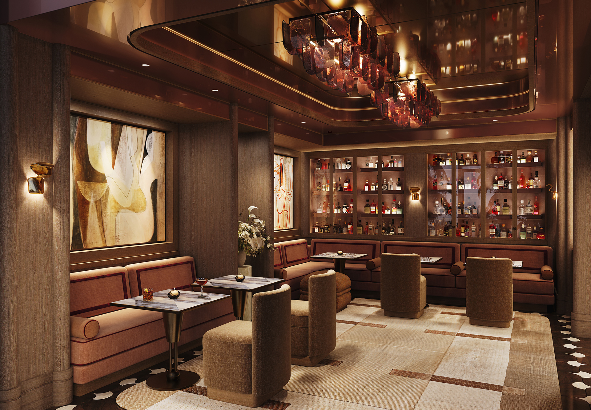 Intimate hotel spirits lounge with curated whisky display and warm lighting