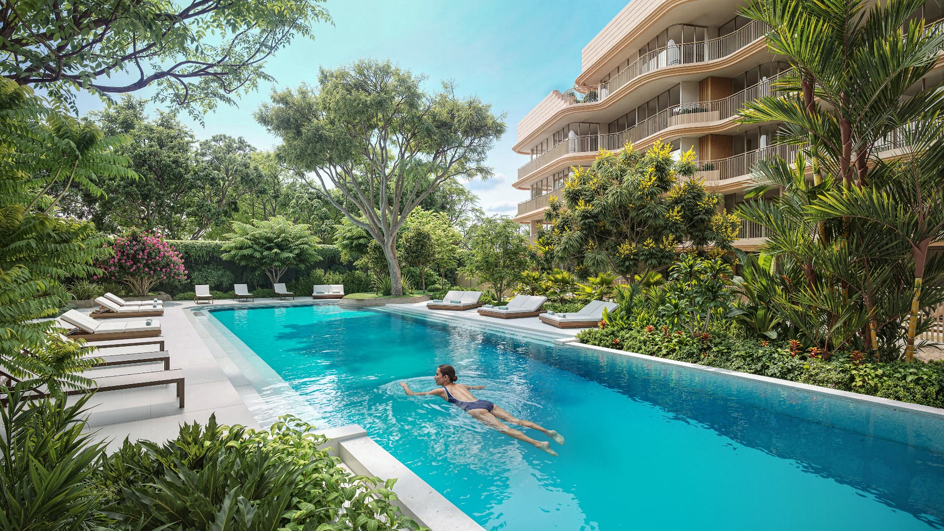 Resort pool and garden terrace at a branded residence in Laguna, Phuket, Thailand