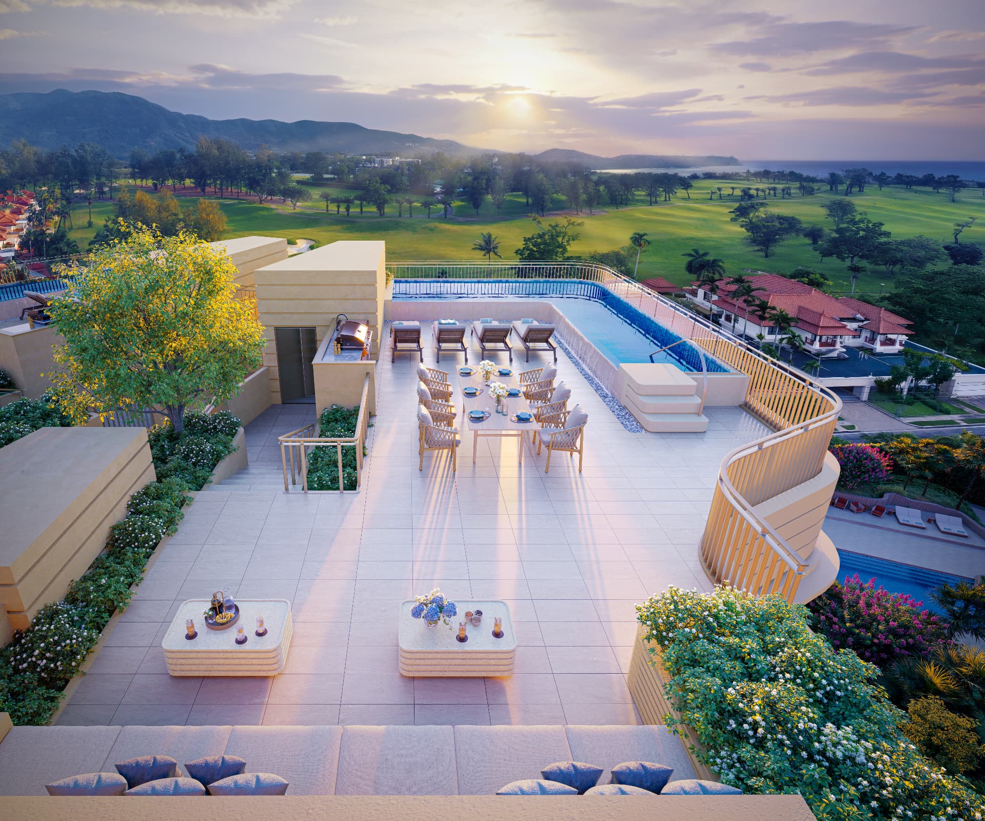 Private rooftop terrace with pool and dining overlooking the Laguna golf course in Phuket