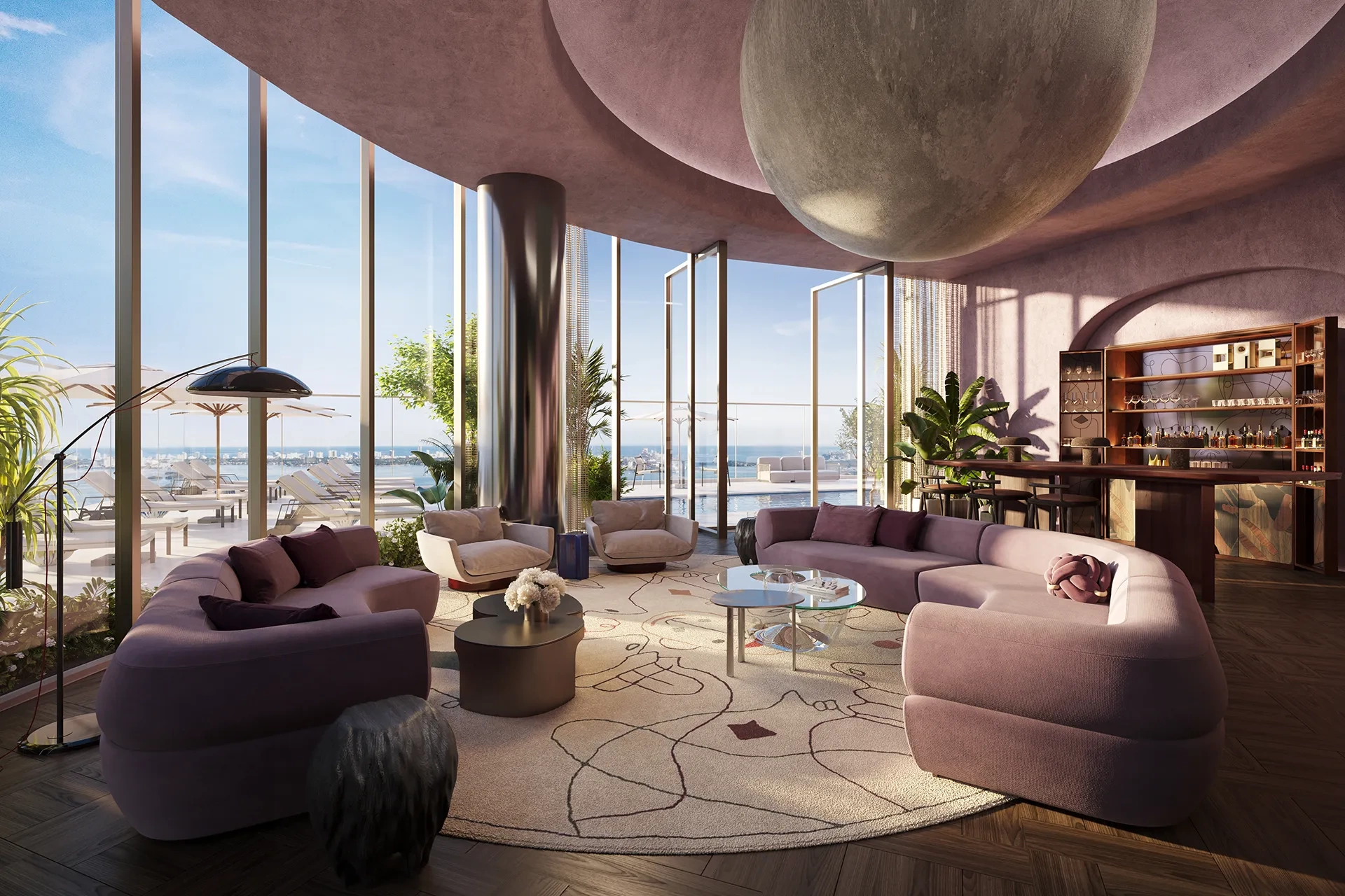 Aston Martin Residences atrium lounge — branded residence appeal for Brazilian and Mexican buyers
