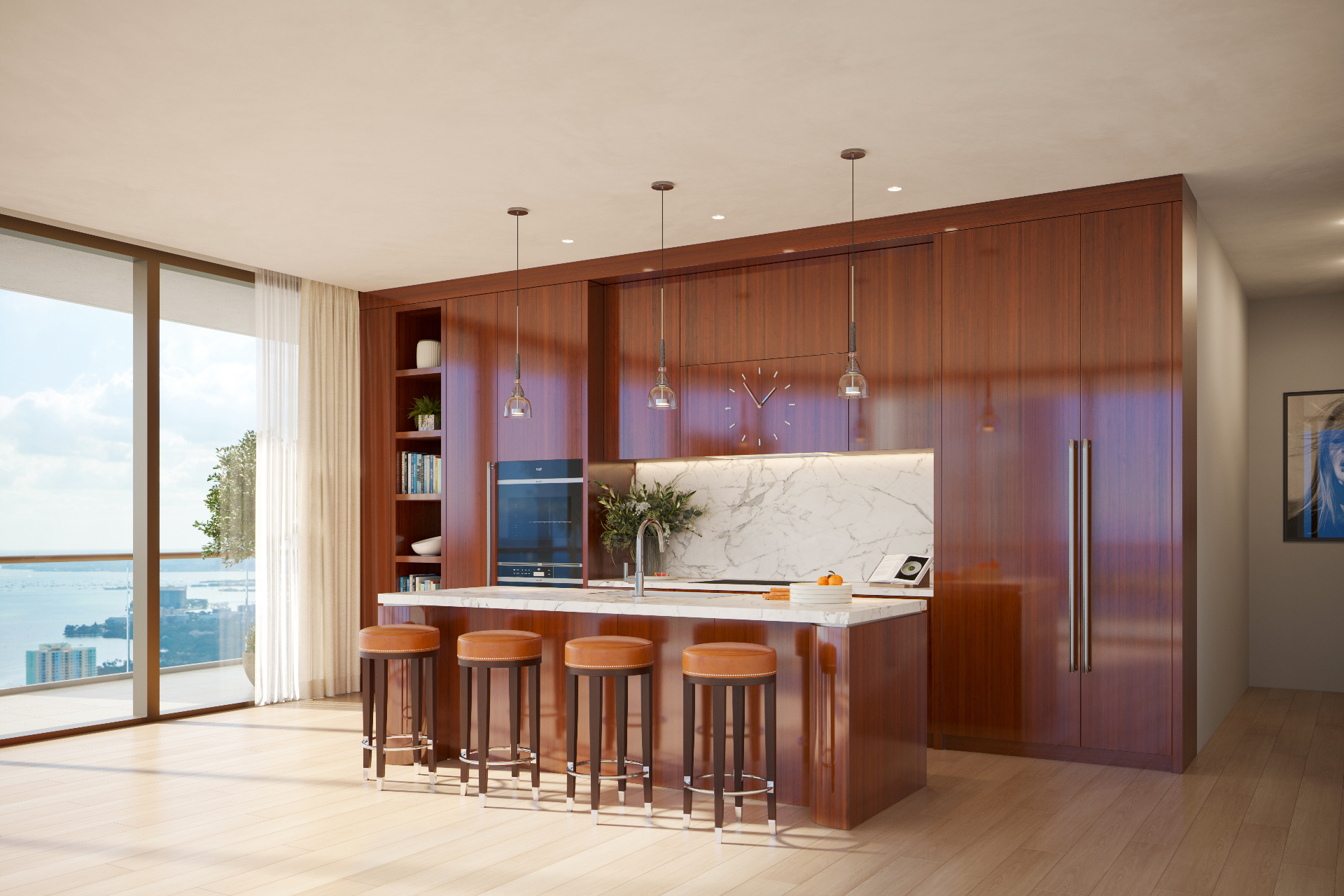 Brickell luxury condo kitchen with Biscayne Bay views — favored by Colombian buyers