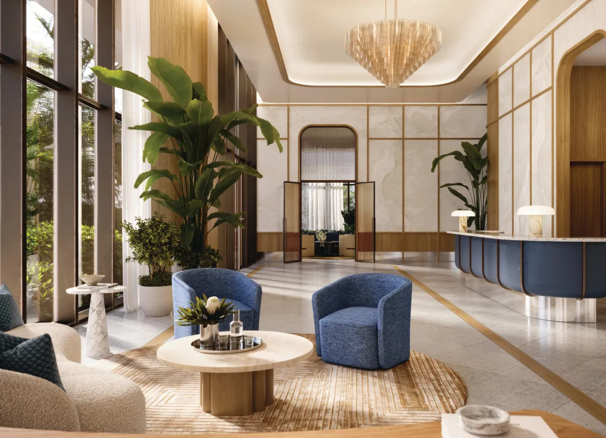 Mr. C Residences West Palm Beach residents lobby with chandelier and lounge seating