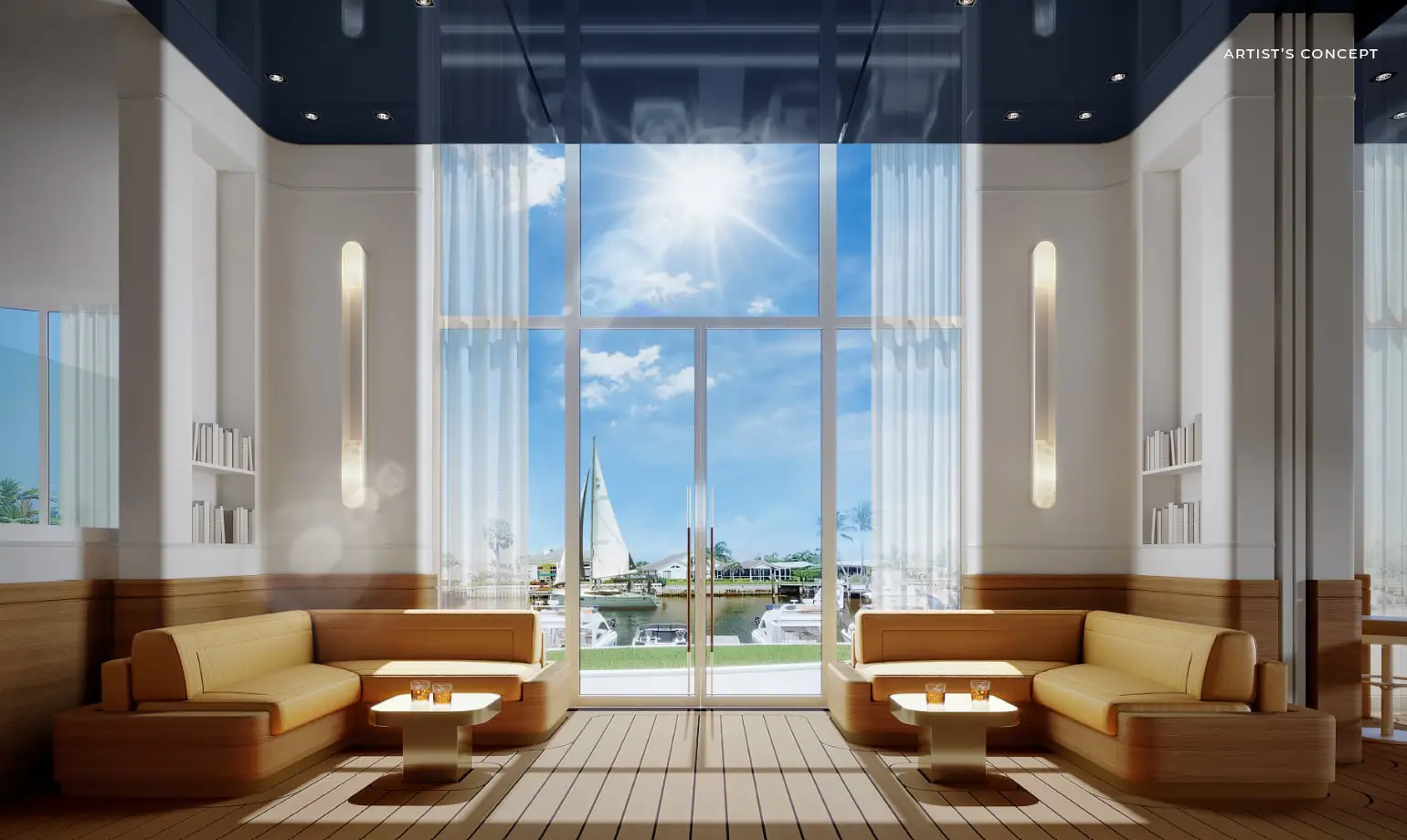 Double-height great room with floor-to-ceiling windows framing the marina