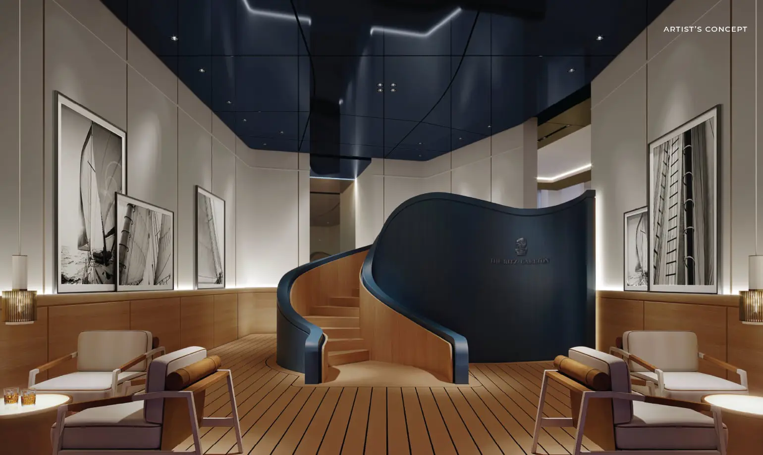 Yacht-inspired clubroom with sculptural staircase