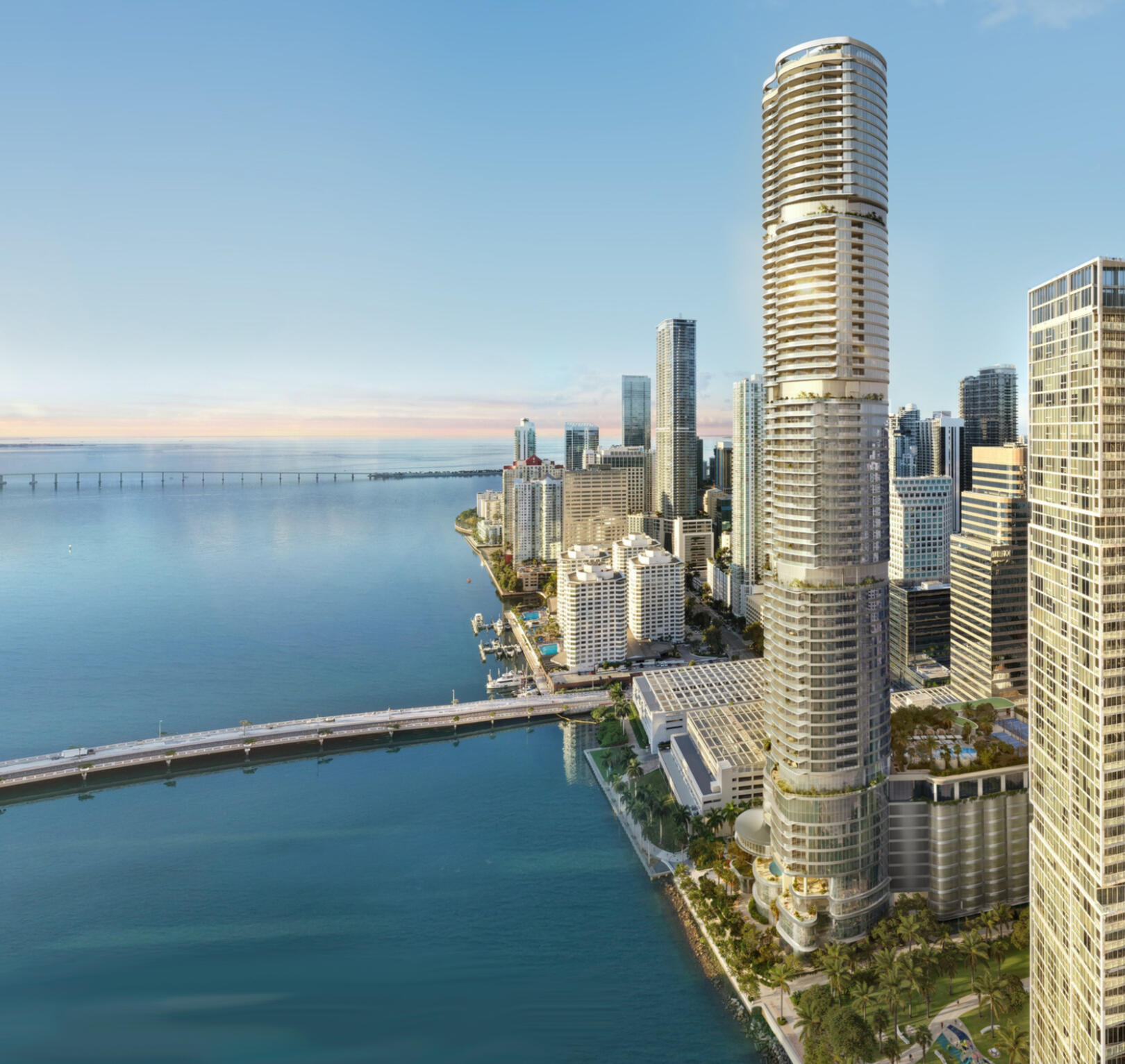619 Brickell tower rising over Biscayne Bay at sunrise