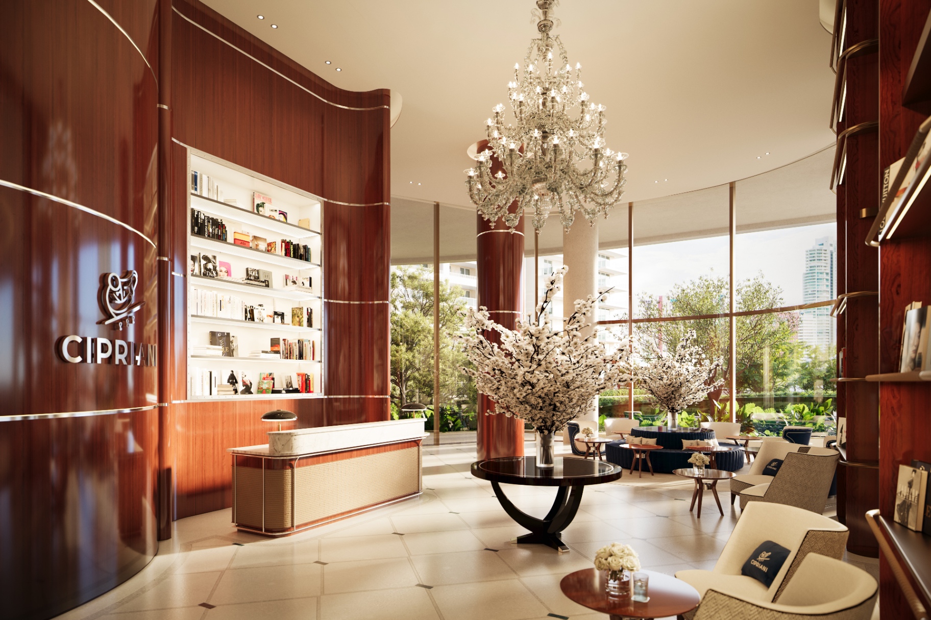 Cipriani Residences Miami signature lobby with crystal chandelier, mahogany library, and branded reception