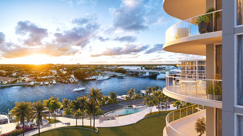 The Ritz-Carlton Residences Palm Beach Gardens curved balcony with Intracoastal sunset view