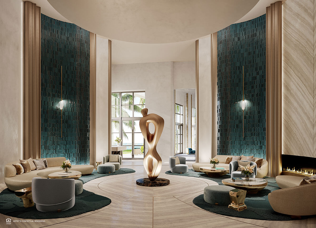 The St. Regis Residences Miami grand lobby sitting area with sculptural centerpiece and teal mosaic walls