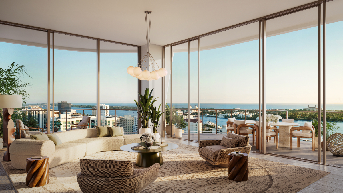 Banyan Tree Residences West Palm Beach living room with floor-to-ceiling Intracoastal views