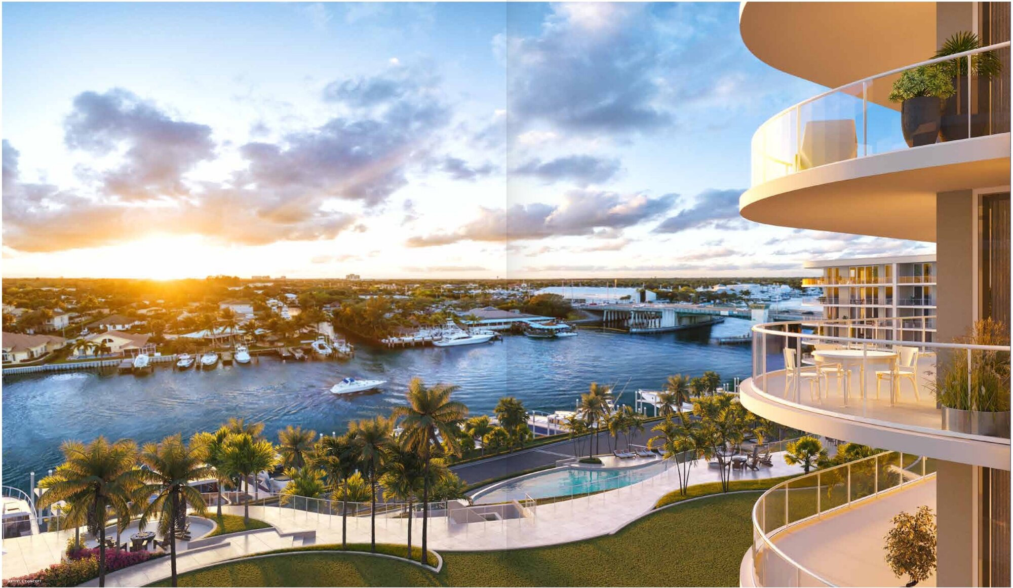 The Ritz-Carlton Residences Palm Beach Gardens waterfront at sunset