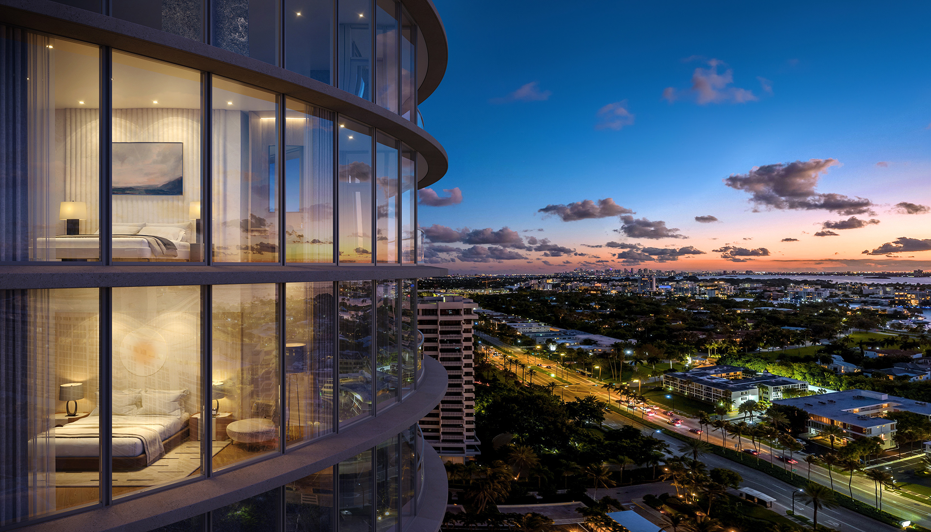 Rivage Bal Harbour dusk view from curved residence
