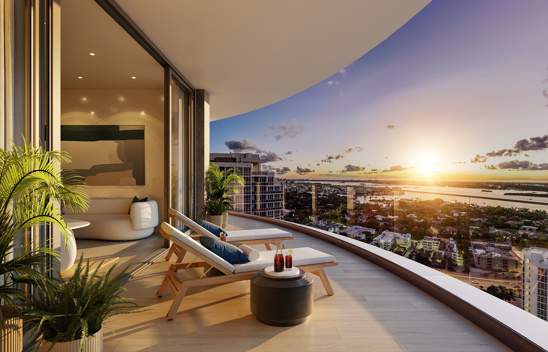 Rivage Bal Harbour private balcony at sunset overlooking the bay