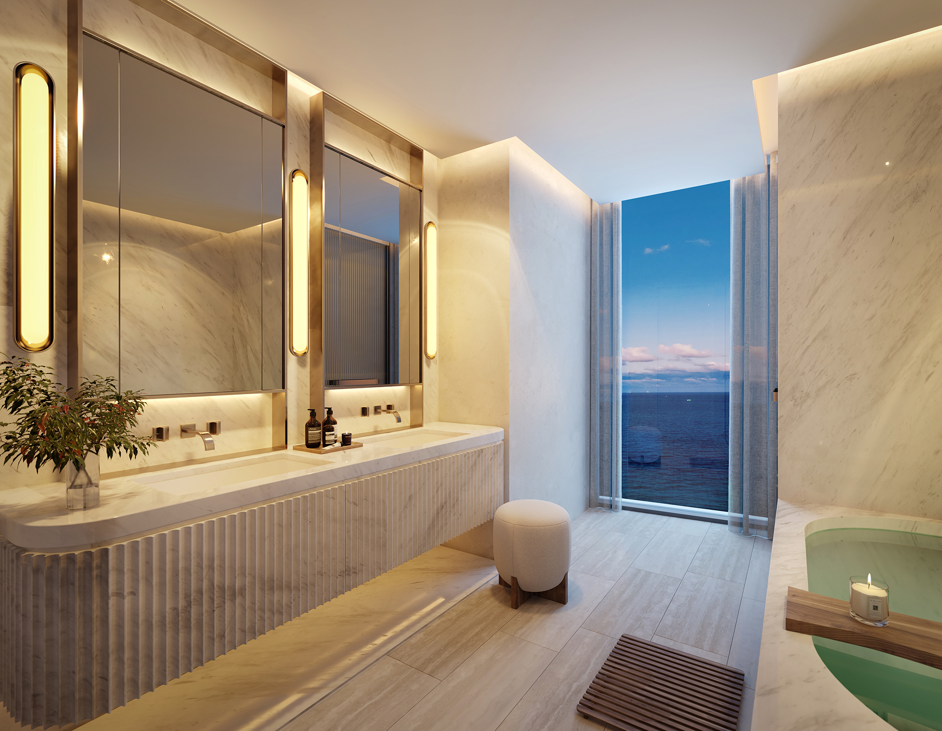 Rivage Bal Harbour primary bathroom with marble and ocean view