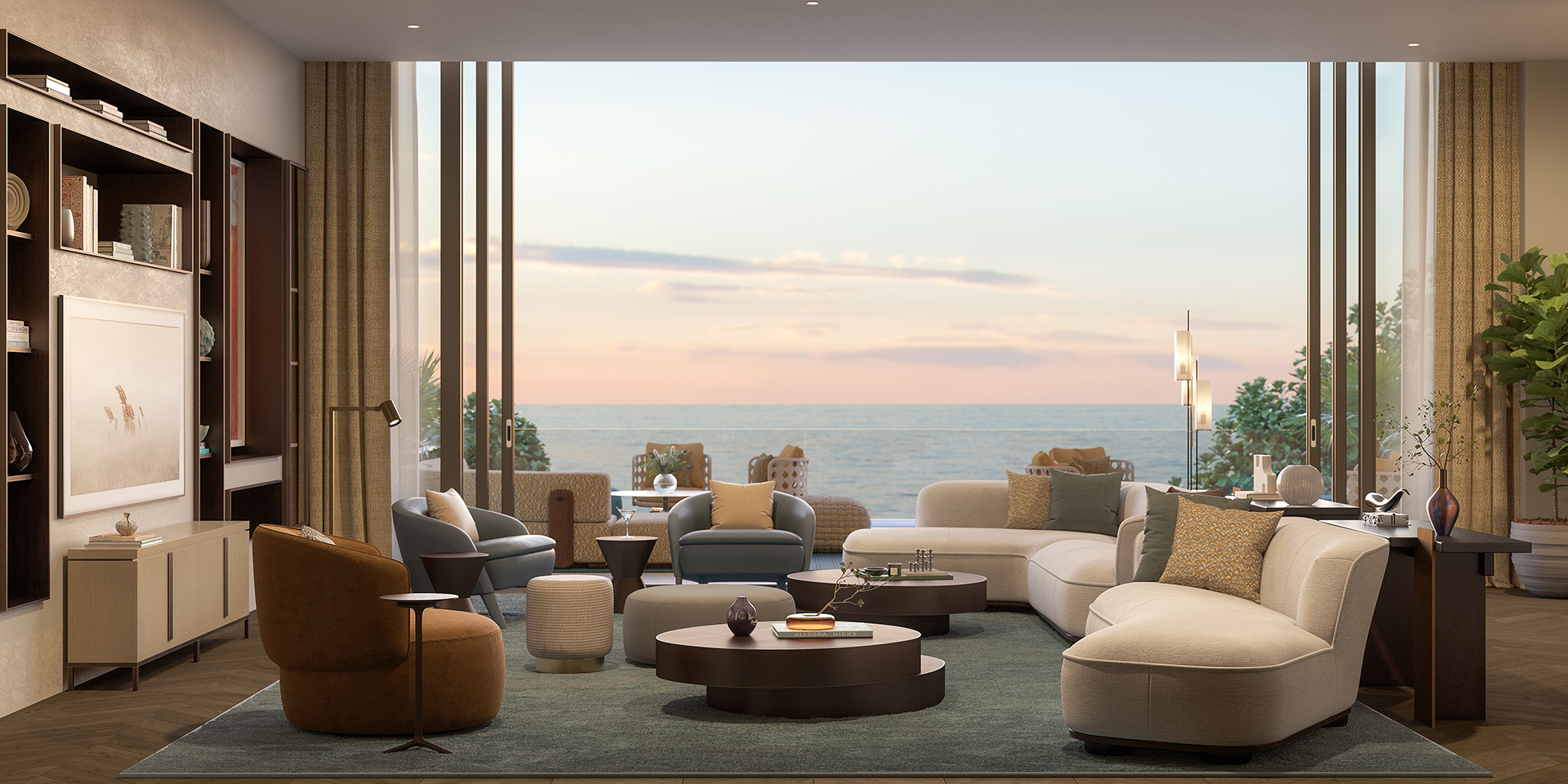 Rosewood Residences Hillsboro Beach — residents' social room at sunset
