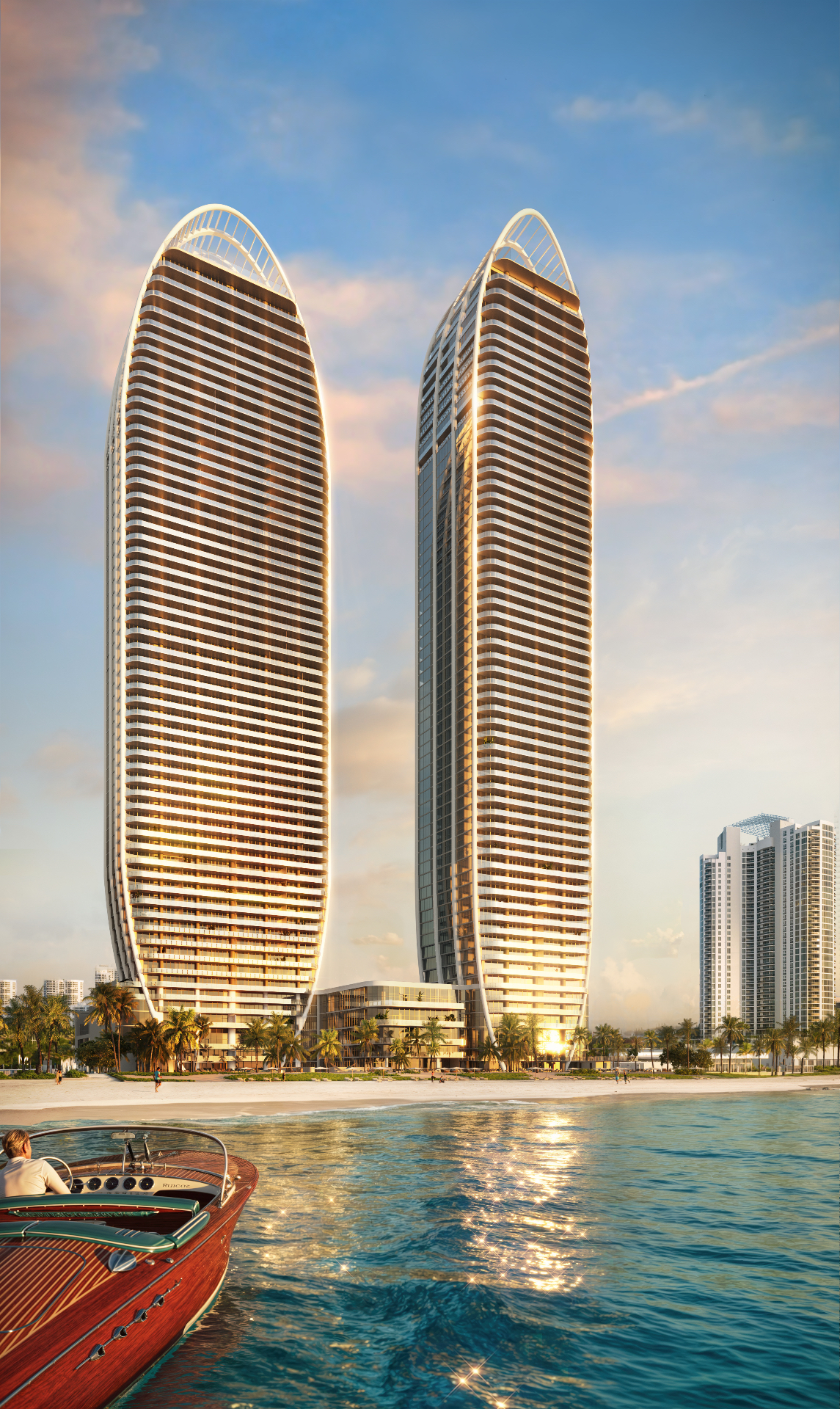 The St. Regis Residences, Sunny Isles Beach twin oceanfront towers at sunset (Rendering: Binyan)