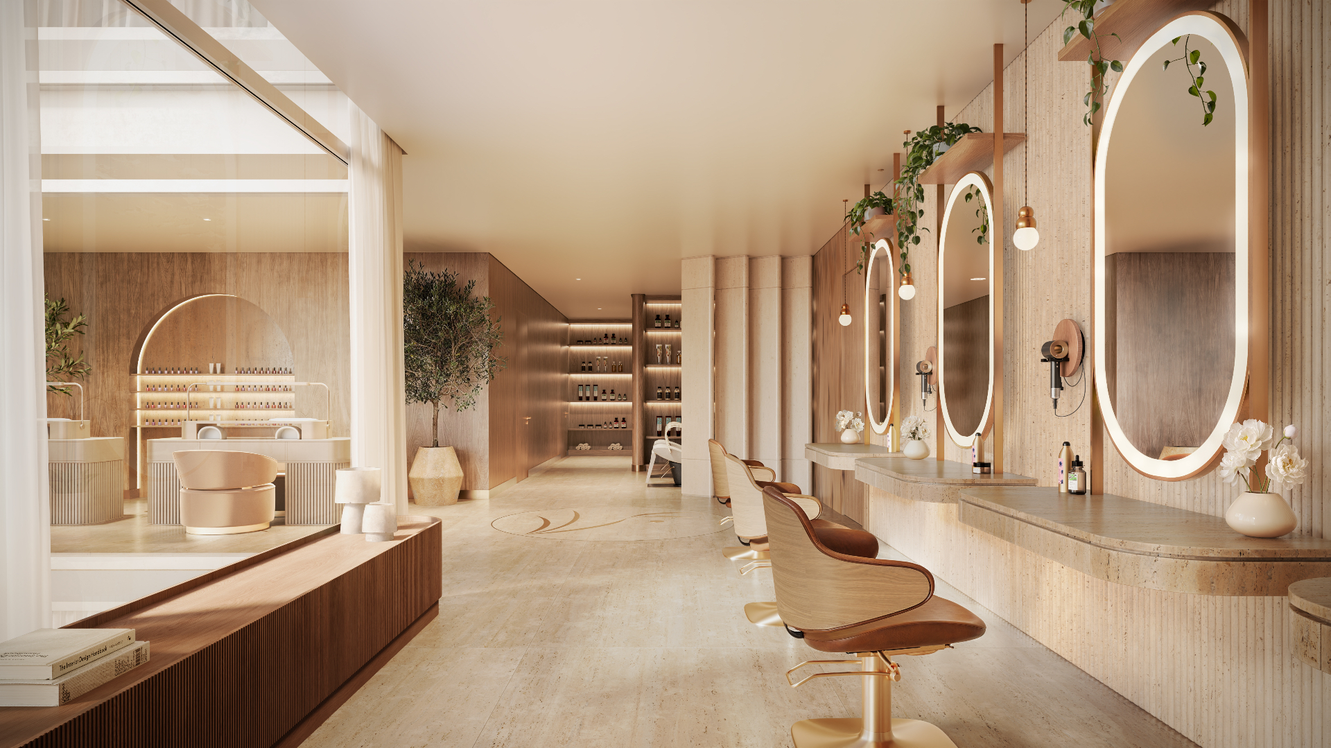 Spa salon with travertine finishes and oceanfront light at the St. Regis Residences, Sunny Isles Beach, Miami