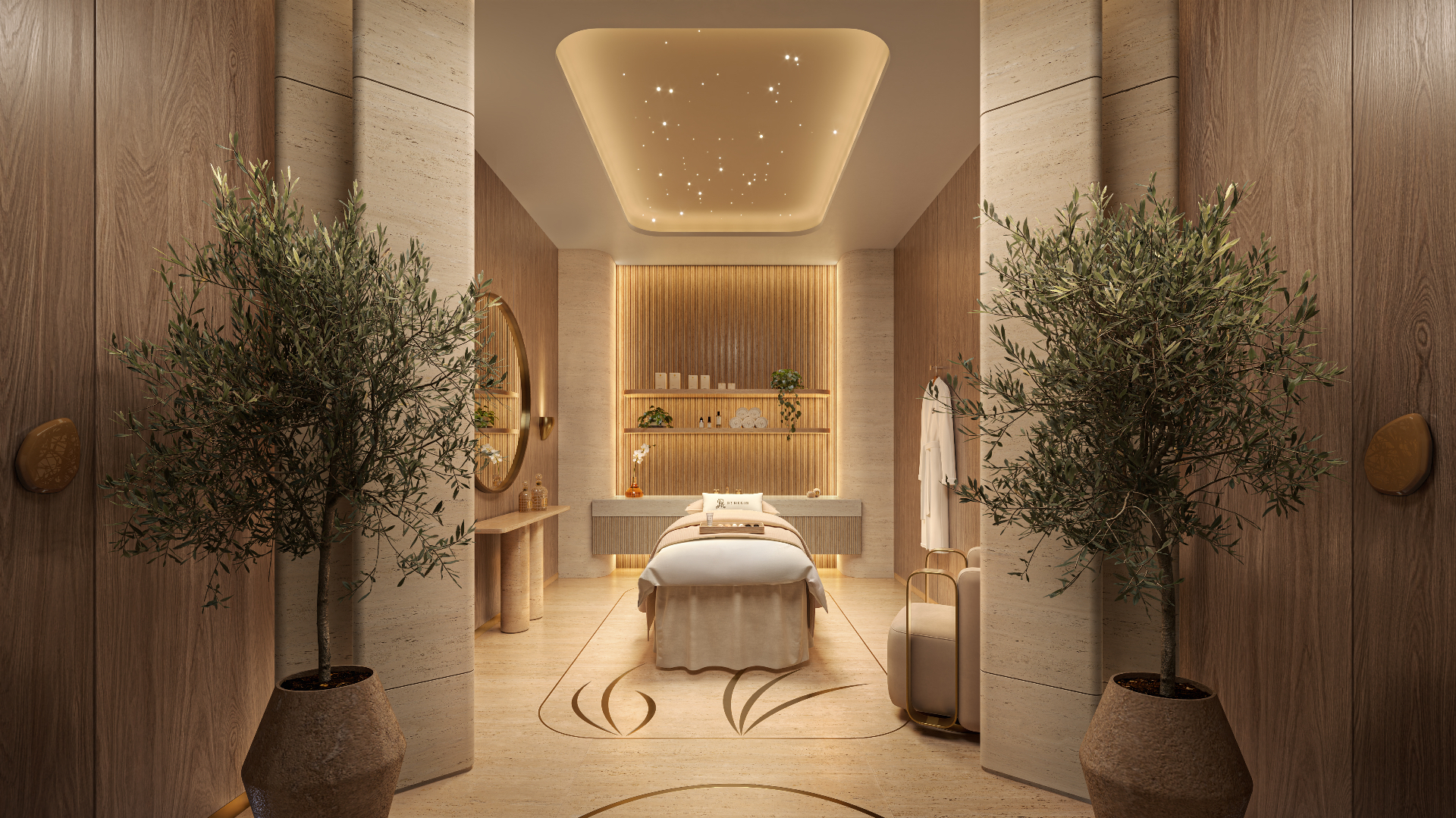 St. Regis Residences Sunny Isles spa treatment room with travertine, oak, and olive trees