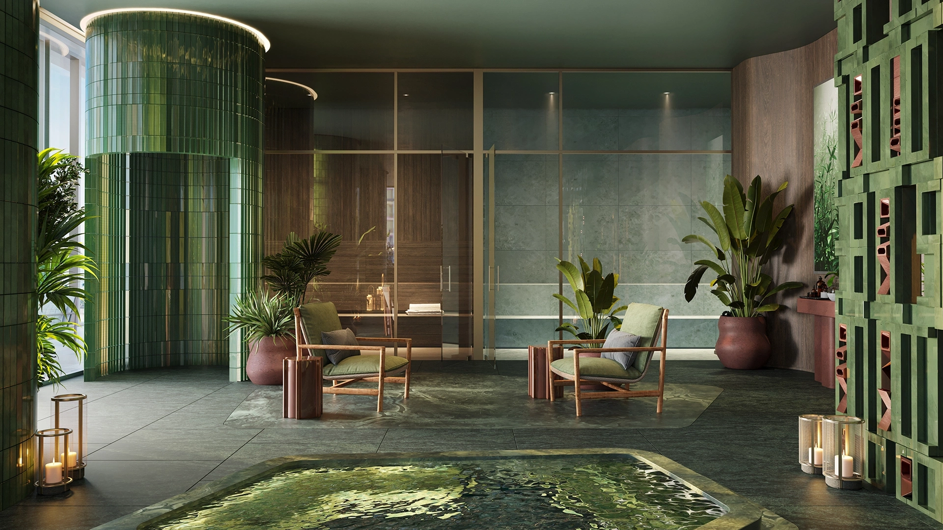 Jean-Georges Miami Tropic Residences wet spa with hot and cold plunges, green-tiled hydrotherapy column and tropical lounge