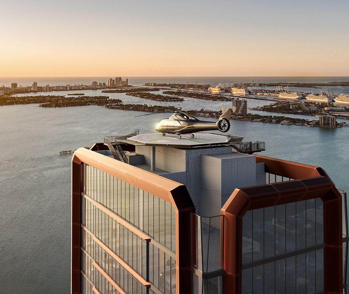 Villa Miami Edgewater rooftop helipad with Biscayne Bay and PortMiami views at sunset