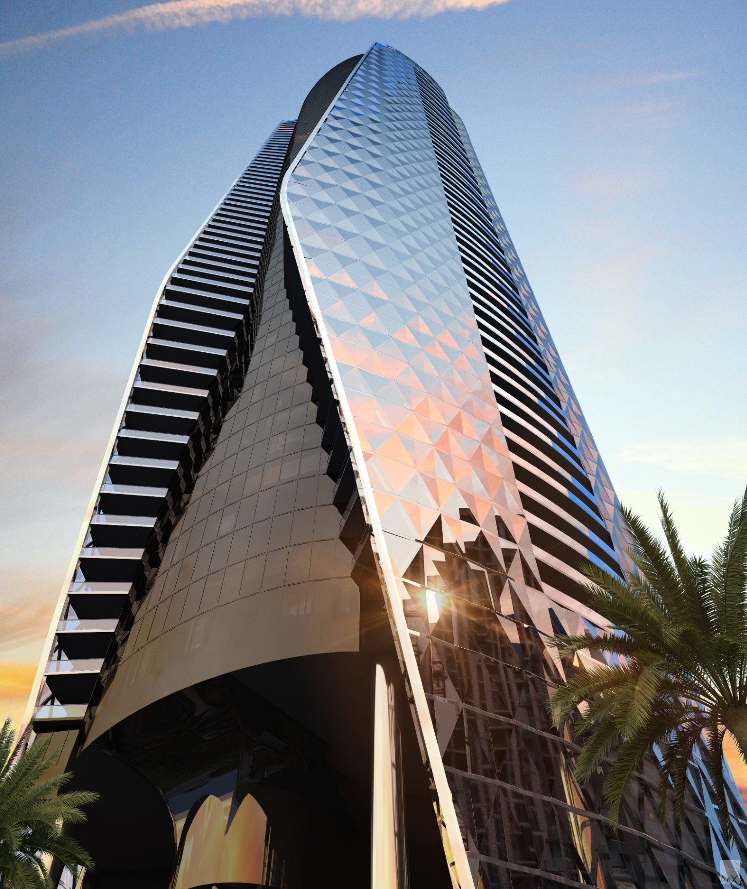 Bentley Residences Sunny Isles Beach — diamond-faceted oceanfront tower by Sieger Suarez at dusk
