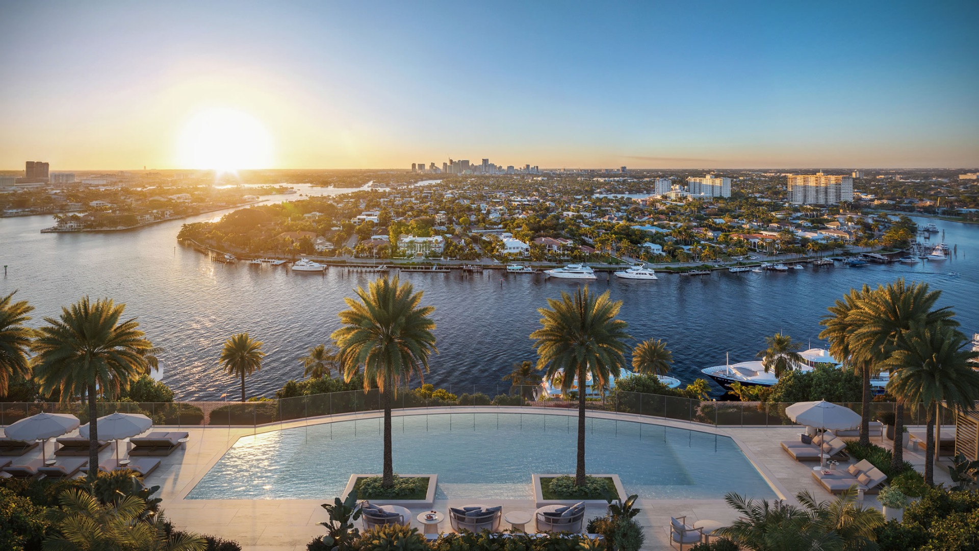 Fort Lauderdale Intracoastal sunset view with skyline and yachts