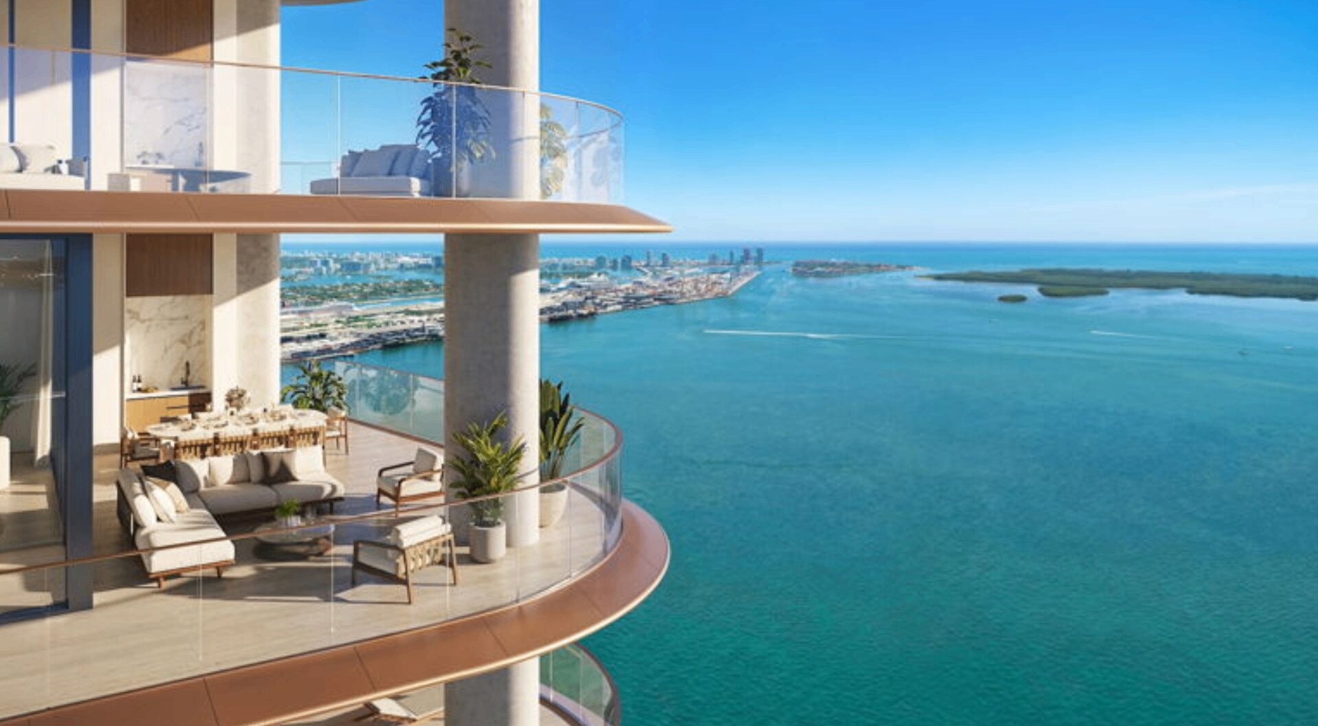 The Residences at Mandarin Oriental, Miami — private balcony with sweeping Biscayne Bay and ocean views