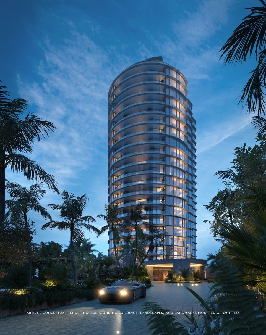 Rivage Bal Harbour — curvilinear oceanfront tower by SOM at dusk with palm-lined arrival court