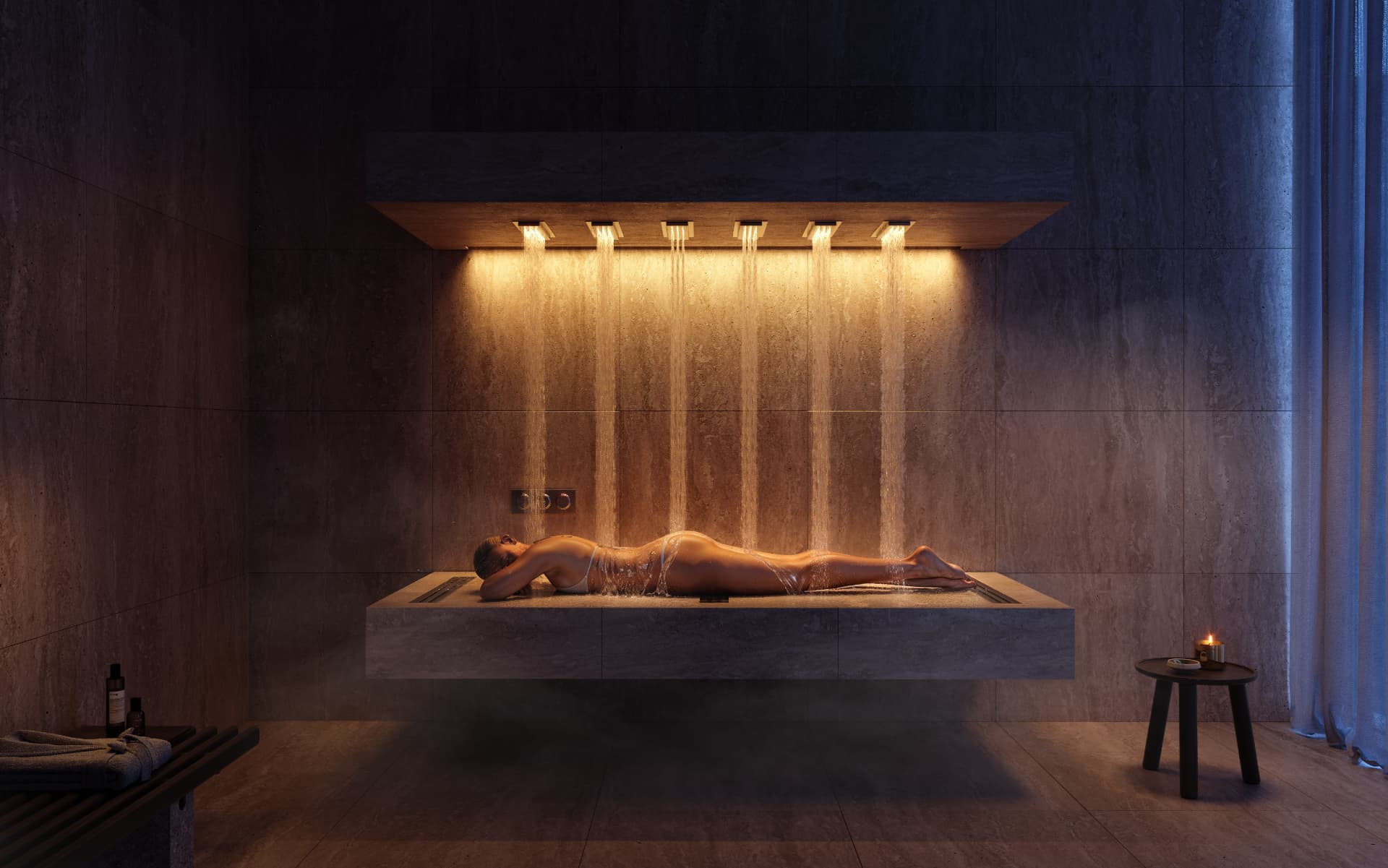 Horizontal experience shower in the spa at Four Seasons Private Residences Coconut Grove