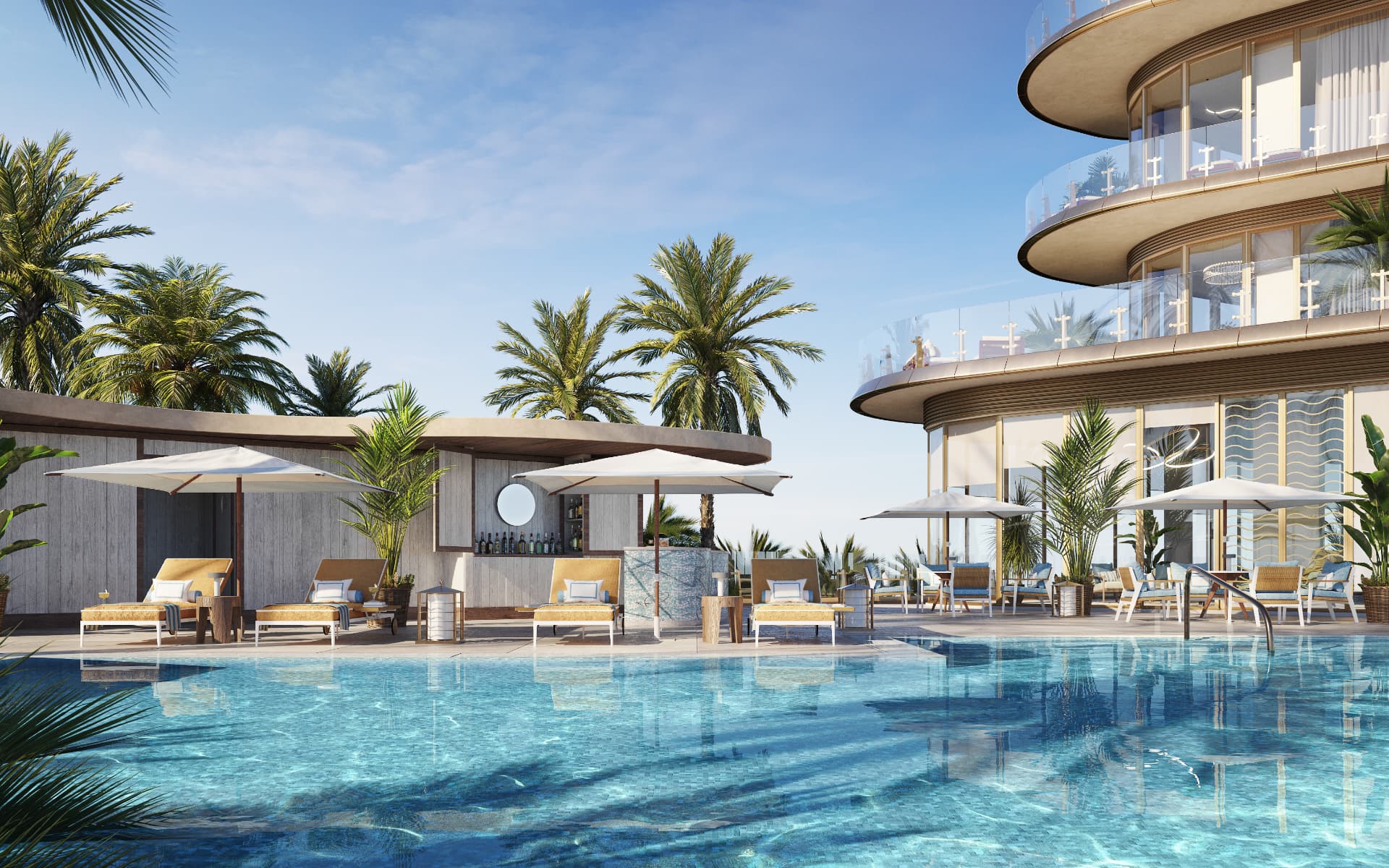 Pool deck and bar at Four Seasons Private Residences Coconut Grove