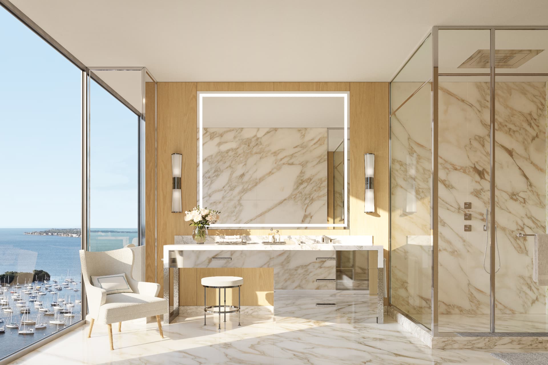 Primary bathroom with marble finishes at Four Seasons Private Residences Coconut Grove